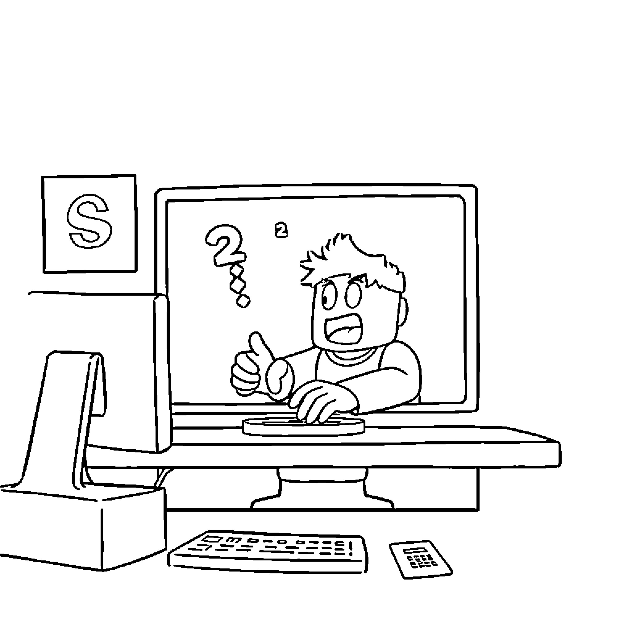 Roblox Character playing a computer game Coloring Page (free black-and-white line drawing printable PDF for all, from beginners to advanced learners, including children, teens, adults, and seniors)