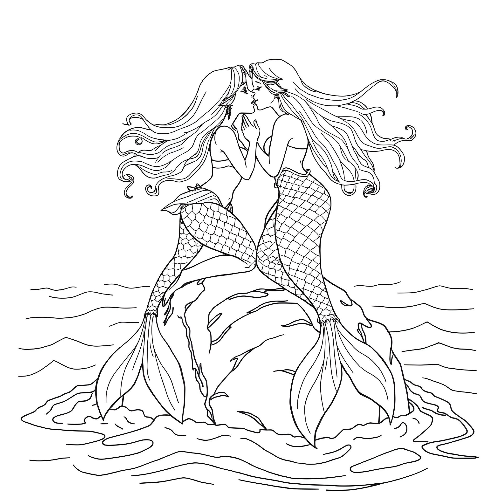 Mermaid resting gracefully in the waves Coloring Page (free black-and-white line drawing printable PDF for all, from beginners to advanced learners, including children, teens, adults, and seniors)