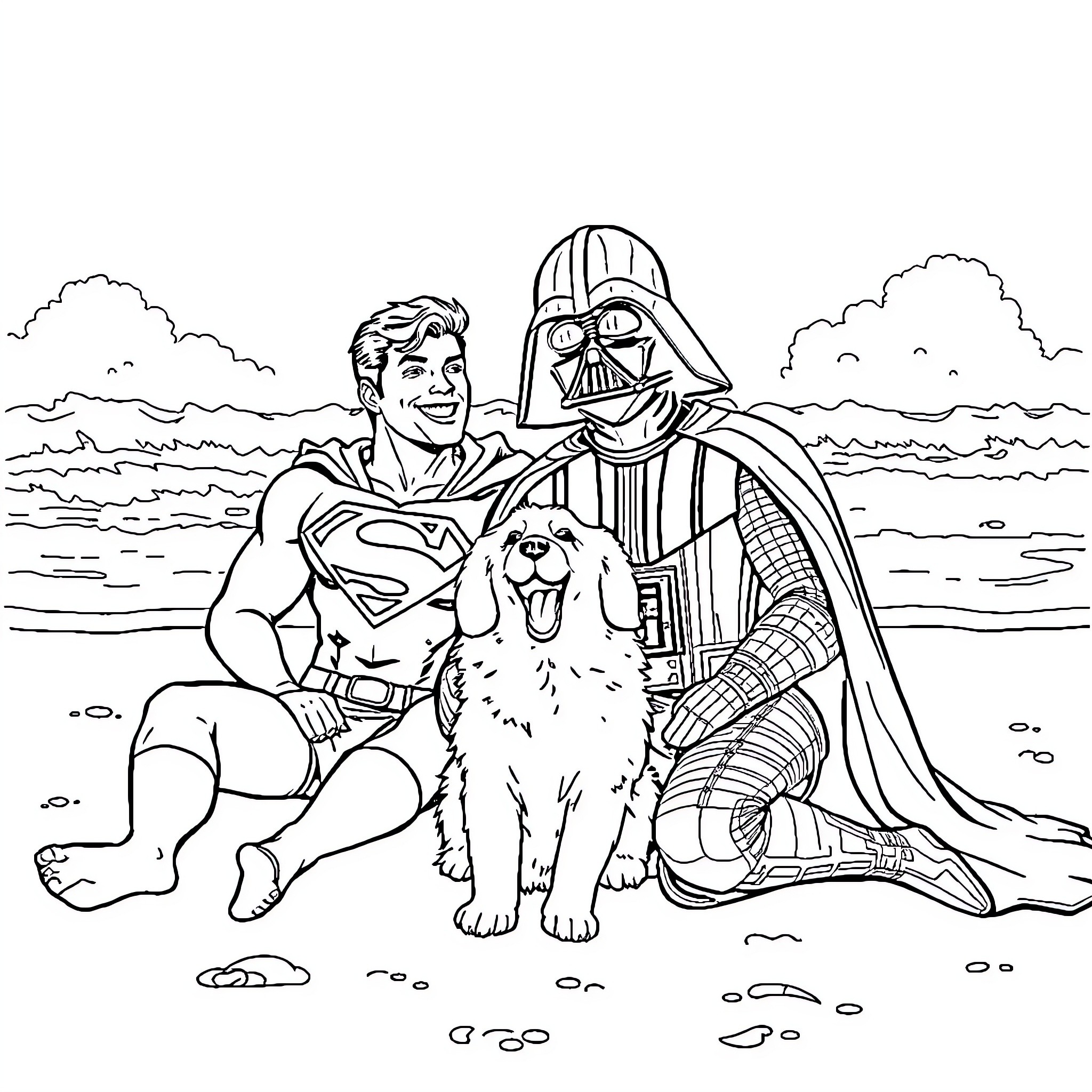 Superman and Darth Vader enjoy a beach day with a dog Coloring Page (free black-and-white line drawing printable PDF for all, from beginners to advanced learners, including children, teens, adults, and seniors)