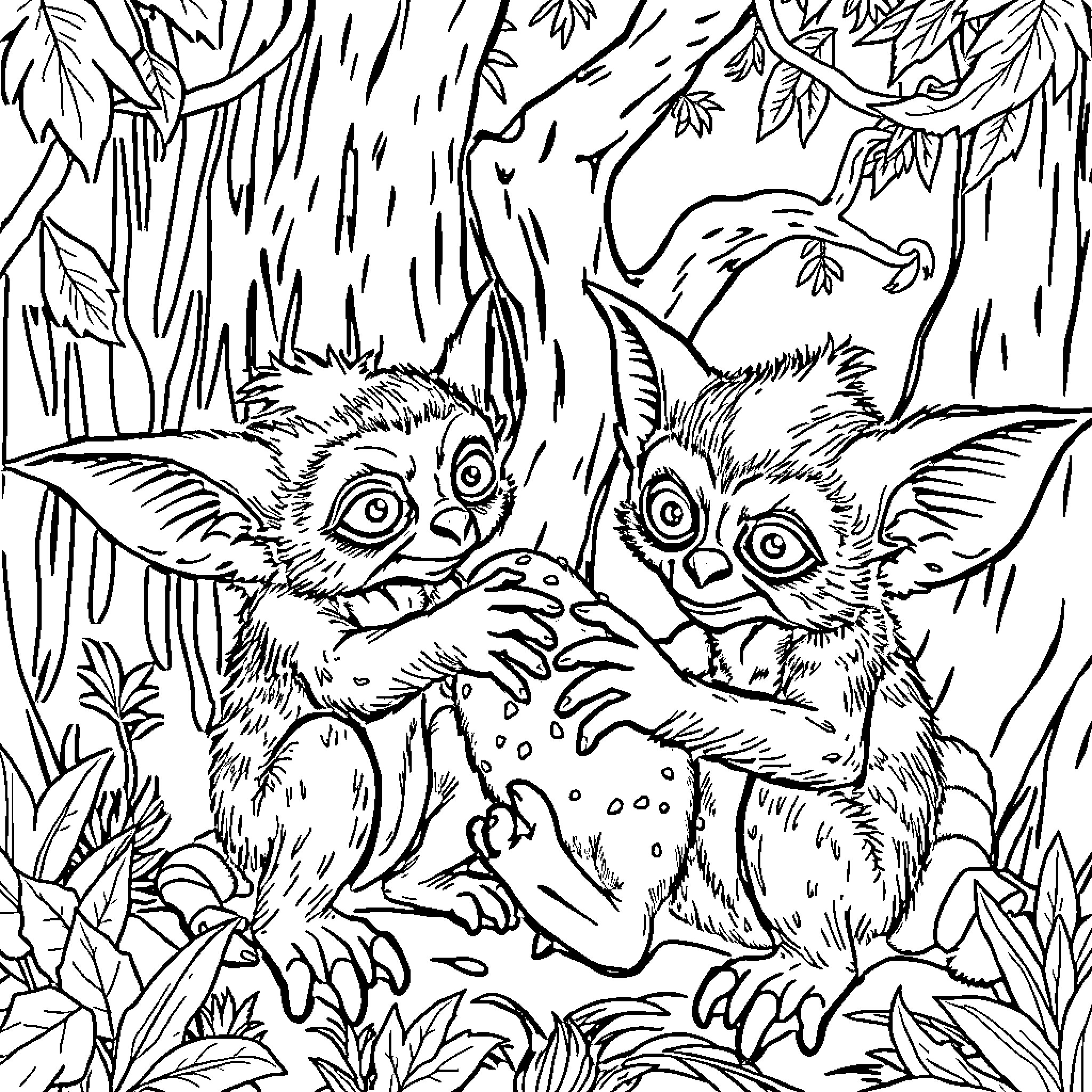Gizmo Creatures Exploring the Enchanted Forest Coloring Page (free black-and-white line drawing printable PDF for all, from beginners to advanced learners, including children, teens, adults, and seniors)