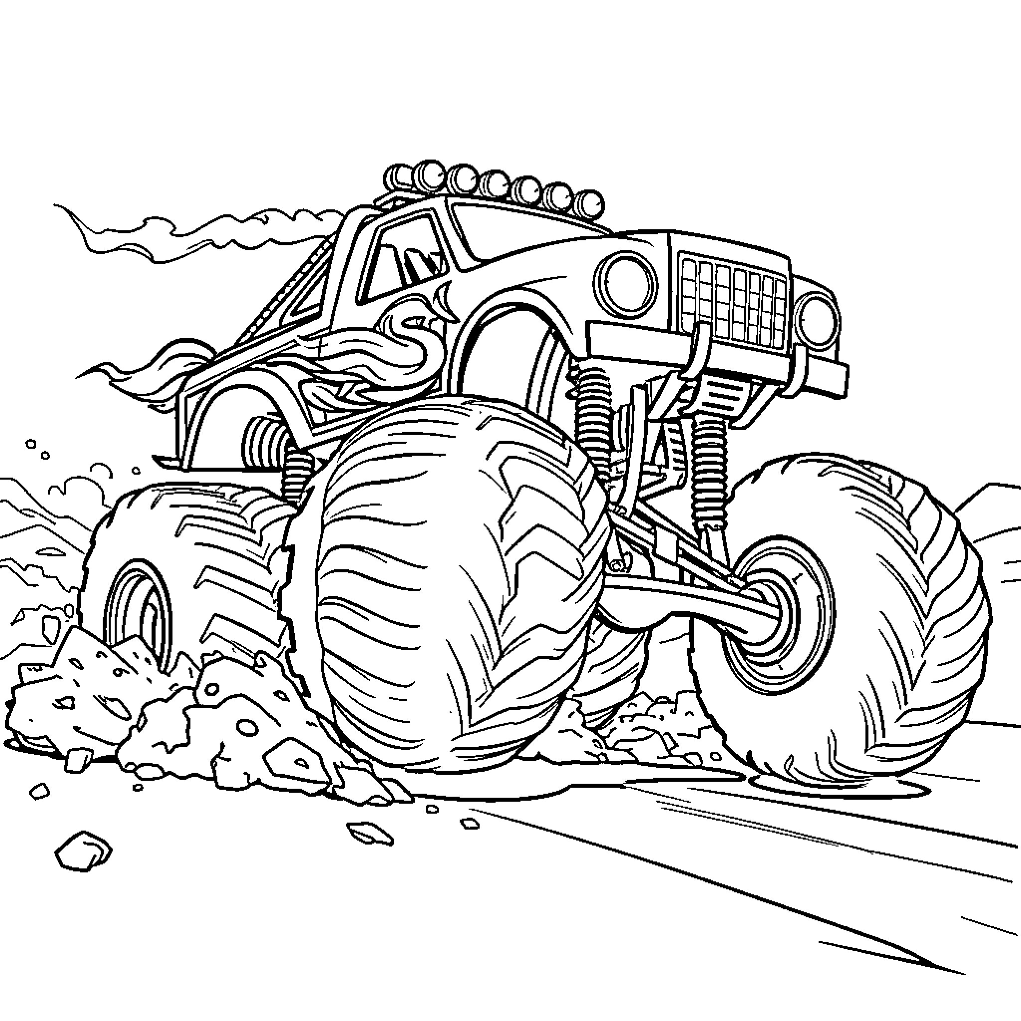 Monster Truck Crushing Rocks on the Dirt Track Coloring Page (free black-and-white line drawing printable PDF for all, from beginners to advanced learners, including children, teens, adults, and seniors)