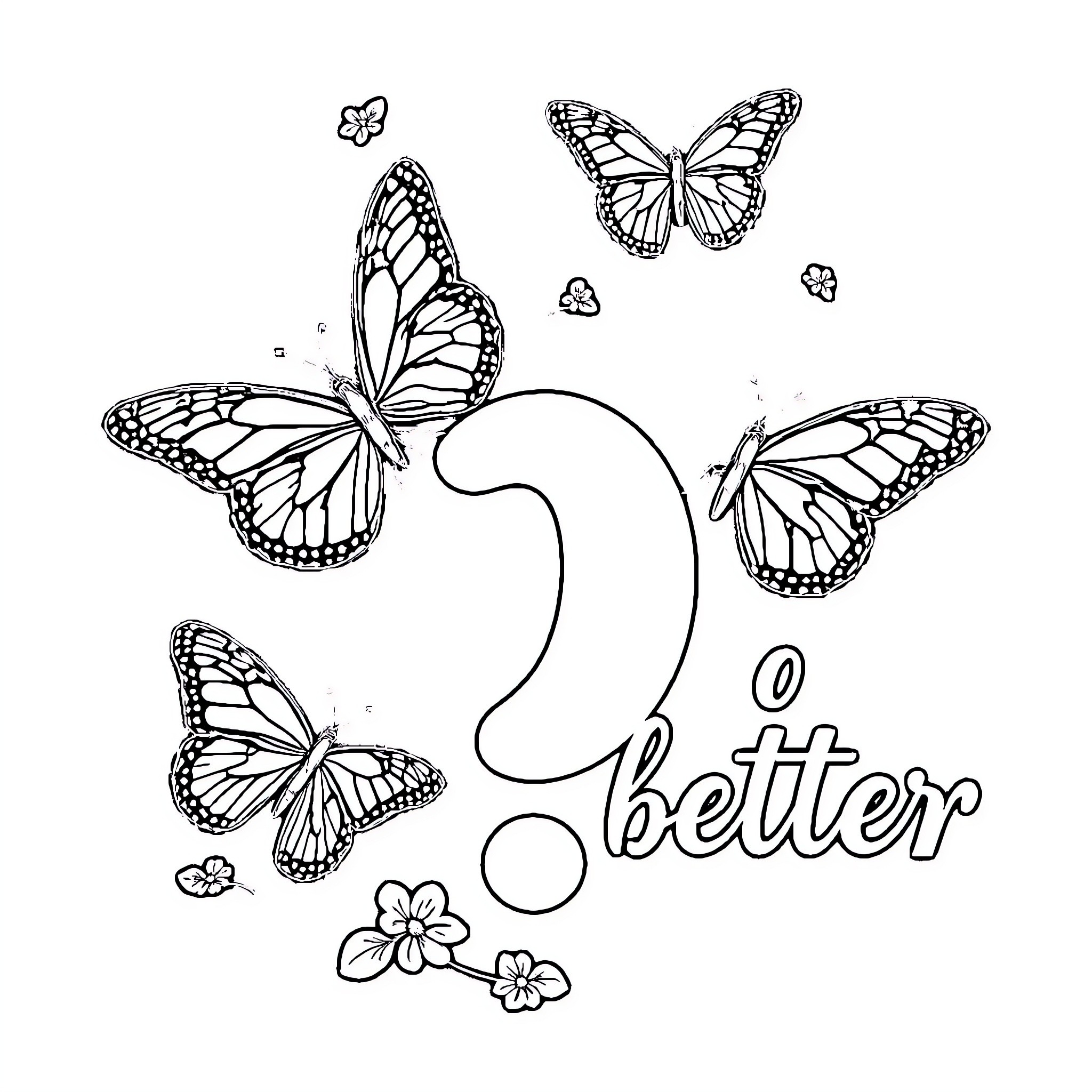 Monarch Butterflies in Flight with Flowers Coloring Page (free black-and-white line drawing printable PDF for all, from beginners to advanced learners, including children, teens, adults, and seniors)