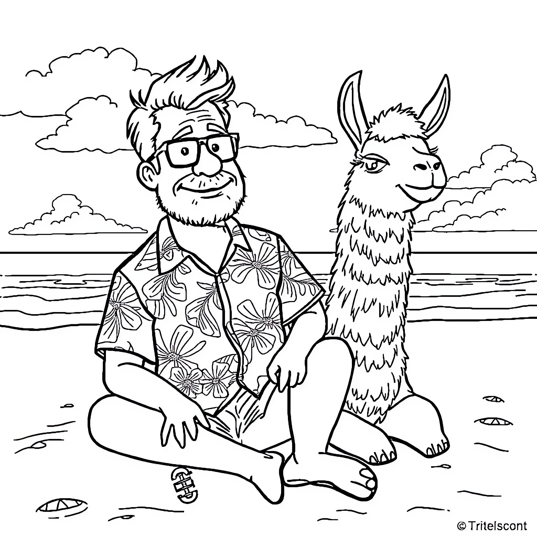 Michael Scott Relaxing With a Friendly Llama on the Beach Coloring Page (free black-and-white line drawing printable PDF for all, from beginners to advanced learners, including children, teens, adults, and seniors)