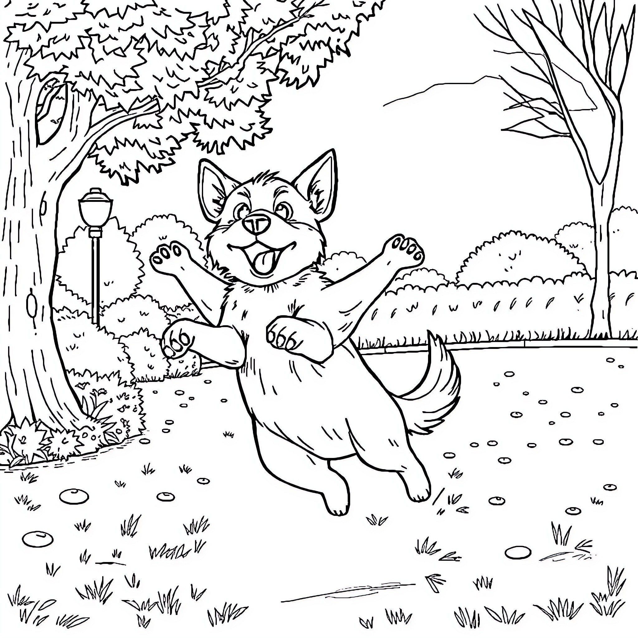 Perro playing joyfully in the park Coloring Page (free black-and-white line drawing printable PDF for all, from beginners to advanced learners, including children, teens, adults, and seniors)