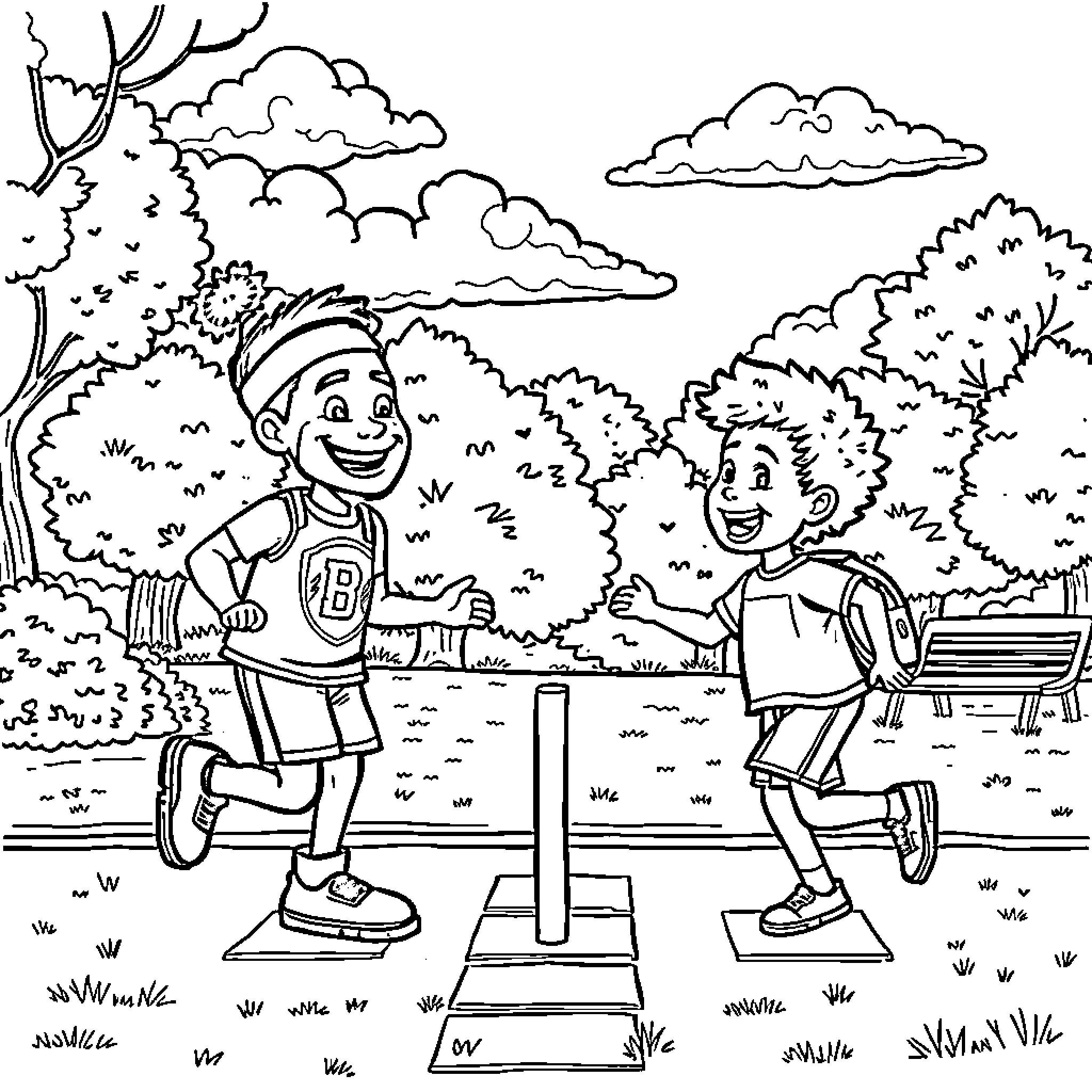 LeBron and young friend playing basketball outdoors Coloring Page (free black-and-white line drawing printable PDF for all, from beginners to advanced learners, including children, teens, adults, and seniors)