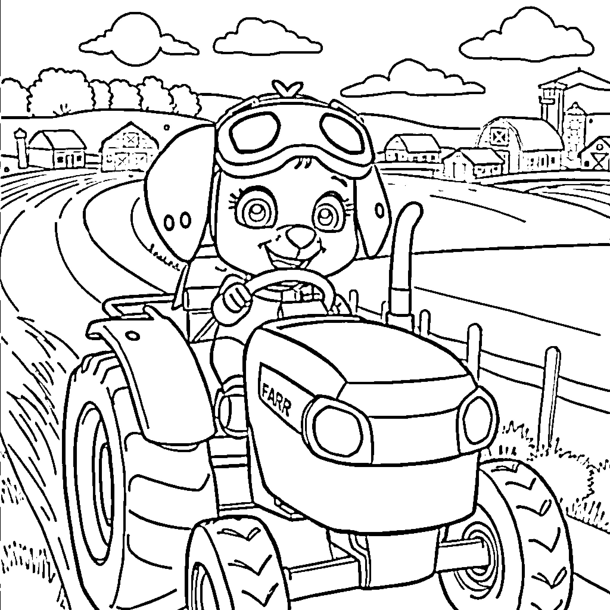 Skye's Tractor Adventure in the Countryside Coloring Page (free black-and-white line drawing printable PDF for all, from beginners to advanced learners, including children, teens, adults, and seniors)