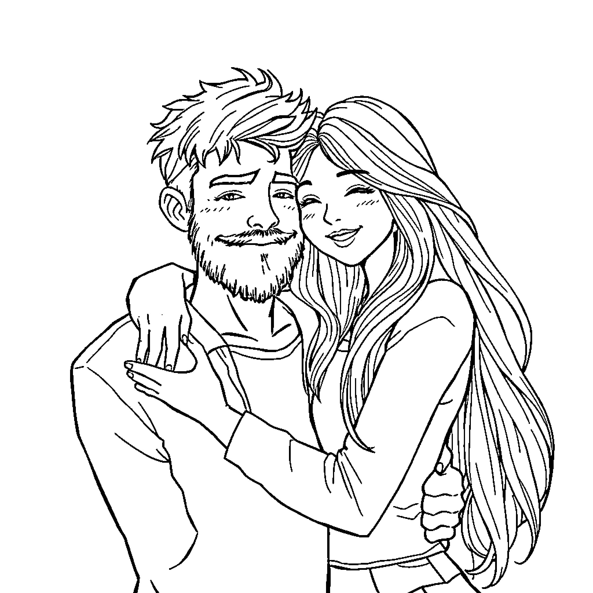 Couple embracing affectionately in casual attire Coloring Page (free black-and-white line drawing printable PDF for all, from beginners to advanced learners, including children, teens, adults, and seniors)