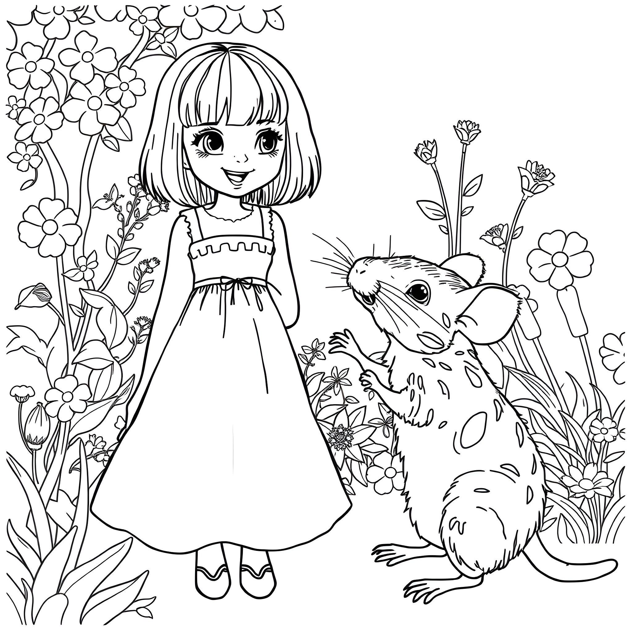 Lady in Floral Garden with Animal Companion Coloring Page (free black-and-white line drawing printable PDF for all, from beginners to advanced learners, including children, teens, adults, and seniors)