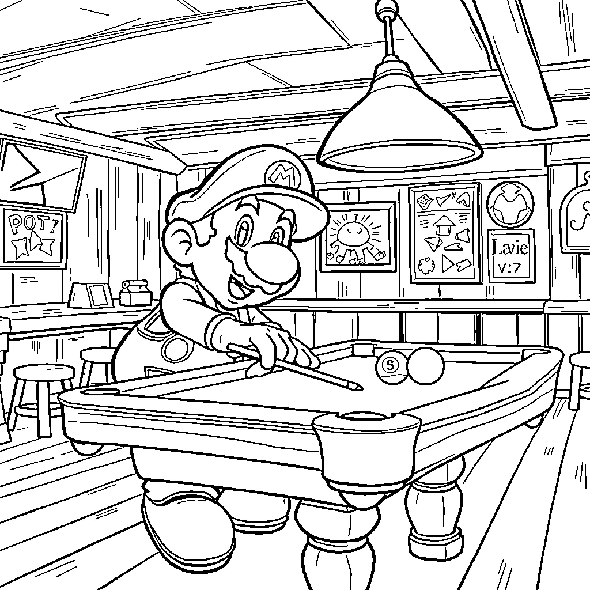 Mario playing pool in a cozy arcade setting Coloring Page (free black-and-white line drawing printable PDF for all, from beginners to advanced learners, including children, teens, adults, and seniors)