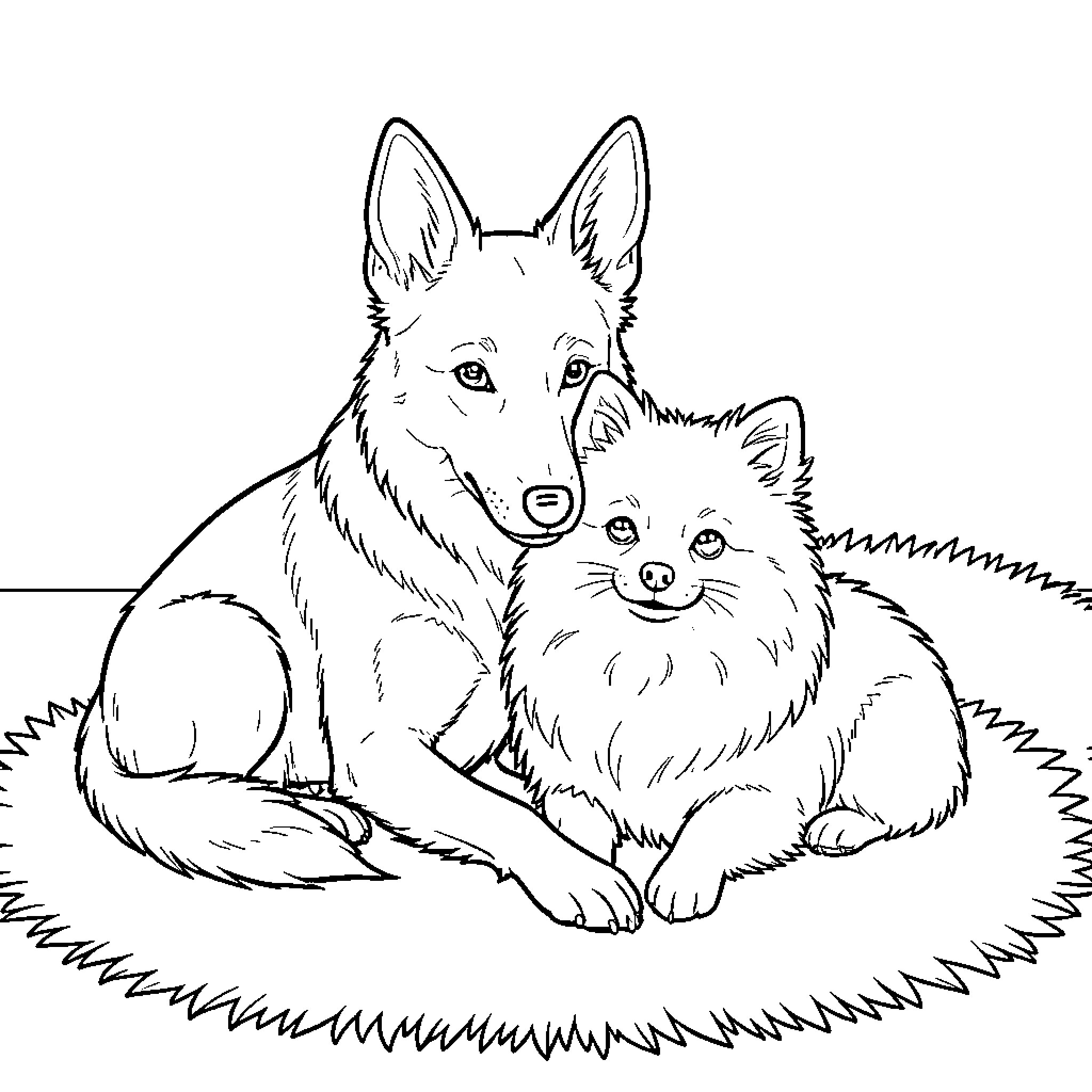 Dog and Puppy Cuddling in Grass Coloring Page (free black-and-white line drawing printable PDF for all, from beginners to advanced learners, including children, teens, adults, and seniors)