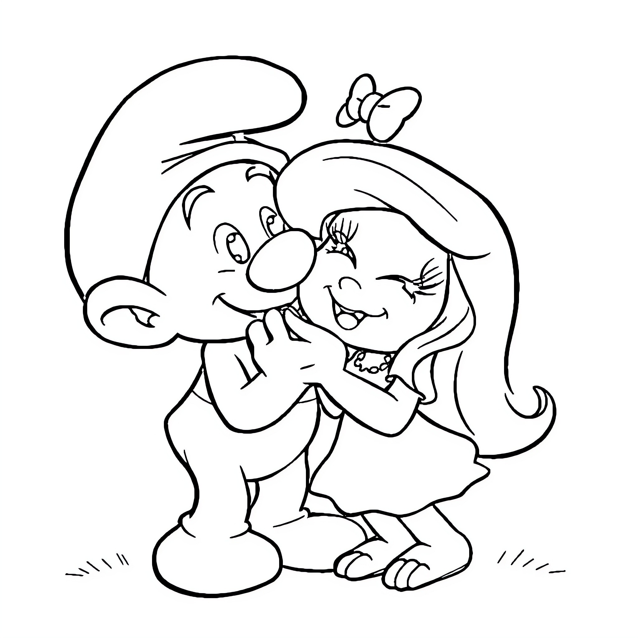 Smurf couple embracing joyfully Coloring Page (free black-and-white line drawing printable PDF for all, from beginners to advanced learners, including children, teens, adults, and seniors)