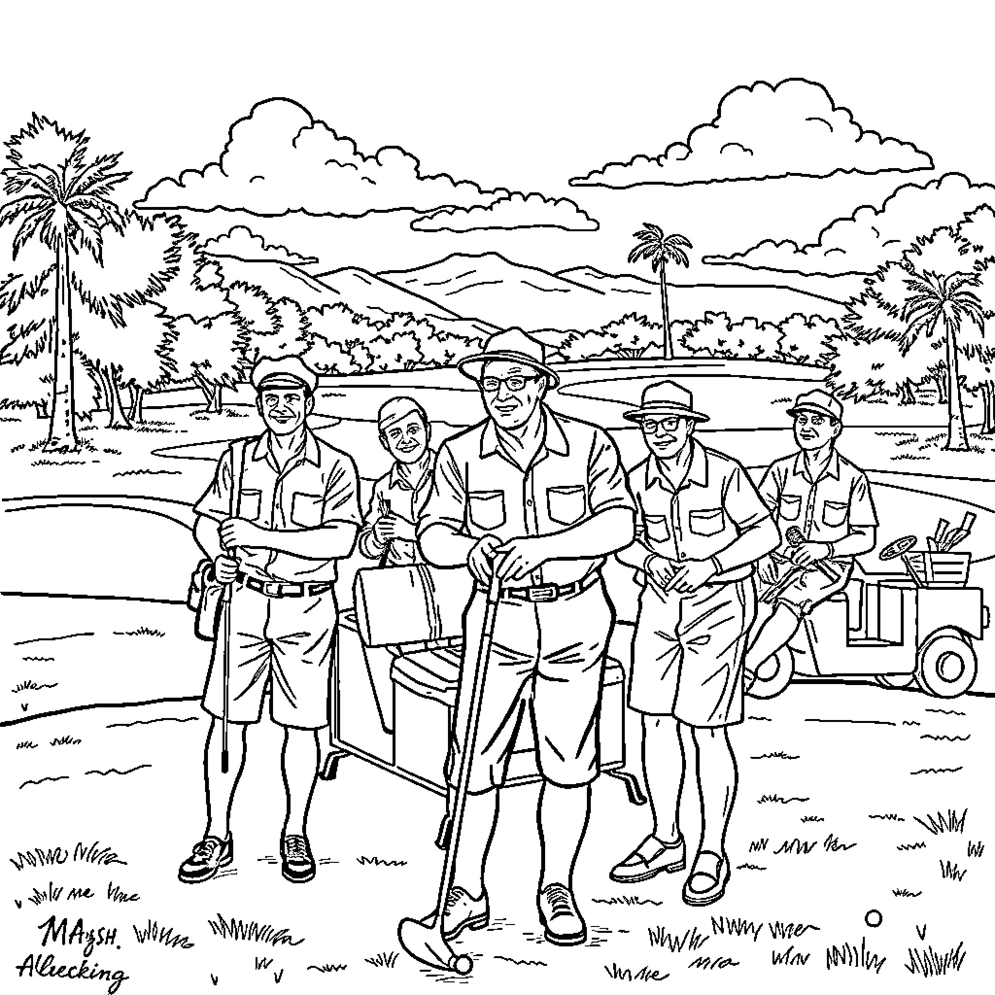 Cast of workers in a tropical landscape Coloring Page (free black-and-white line drawing printable PDF for all, from beginners to advanced learners, including children, teens, adults, and seniors)