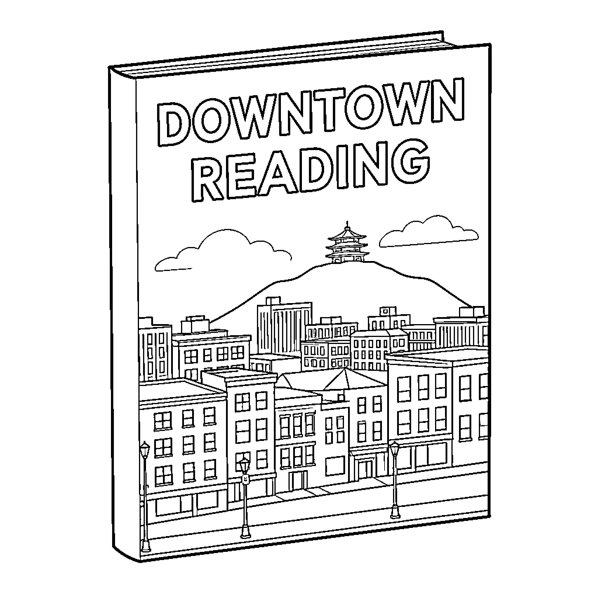Book showing a detailed cityscape with a distant mountain Coloring Page (free black-and-white line drawing printable PDF for all, from beginners to advanced learners, including children, teens, adults, and seniors)