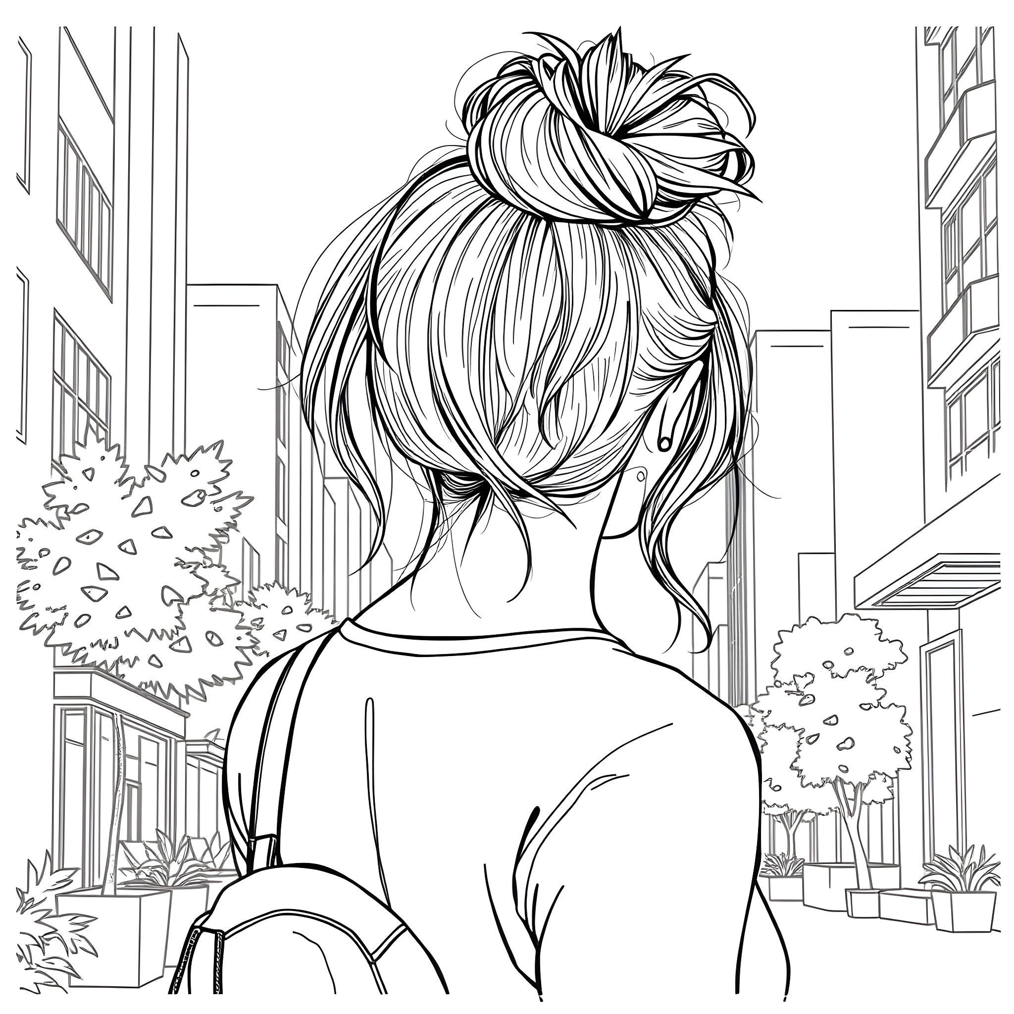 Woman with messy bun walking in city street Coloring Page (free black-and-white line drawing printable PDF for all, from beginners to advanced learners, including children, teens, adults, and seniors)