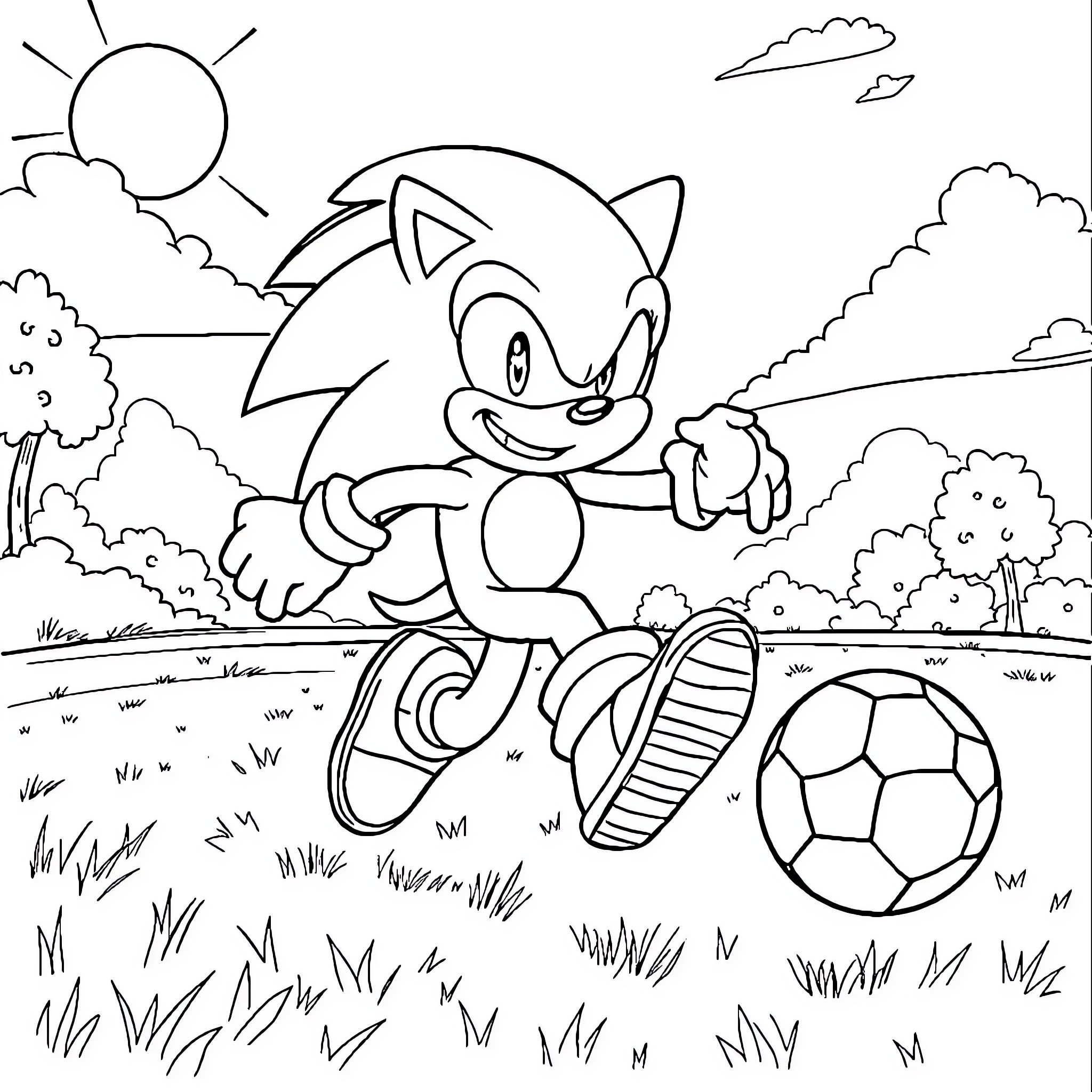 Sonic playing with a soccer ball in the park Coloring Page (free black-and-white line drawing printable PDF for all, from beginners to advanced learners, including children, teens, adults, and seniors)