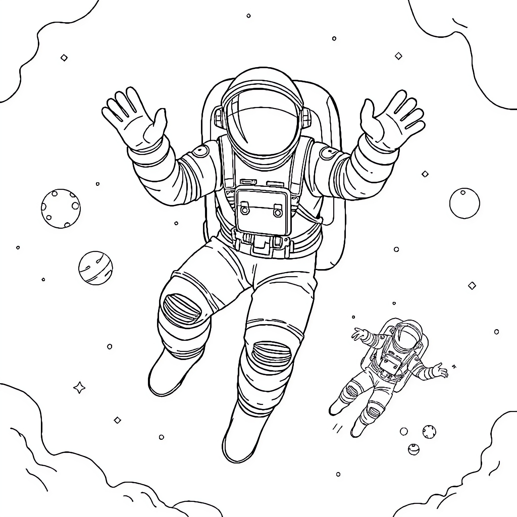 Astronaut floating peacefully in outer space Coloring Page (free black-and-white line drawing printable PDF for all, from beginners to advanced learners, including children, teens, adults, and seniors)