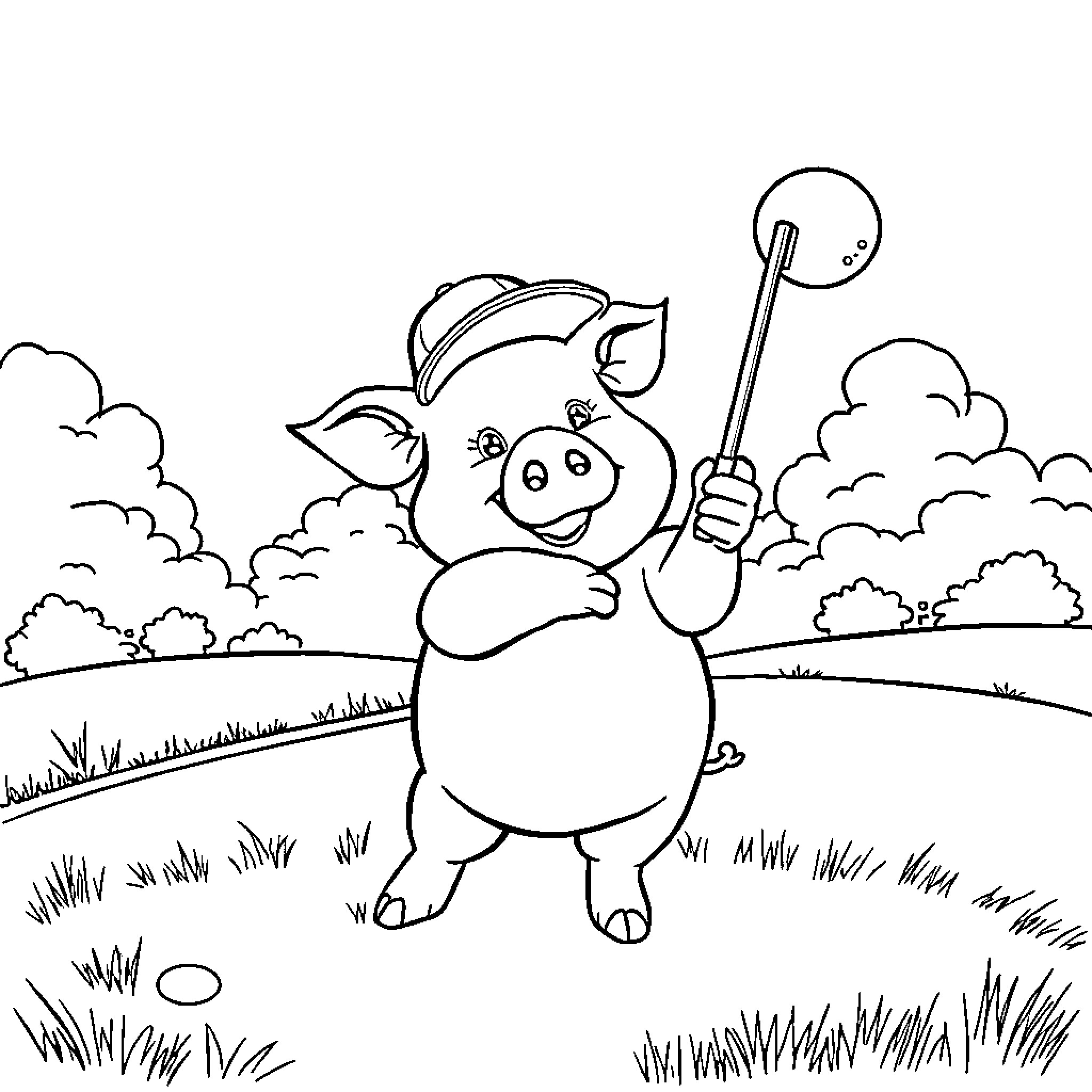 Pig Enjoying Outdoor Adventure with Wand Coloring Page (free black-and-white line drawing printable PDF for all, from beginners to advanced learners, including children, teens, adults, and seniors)