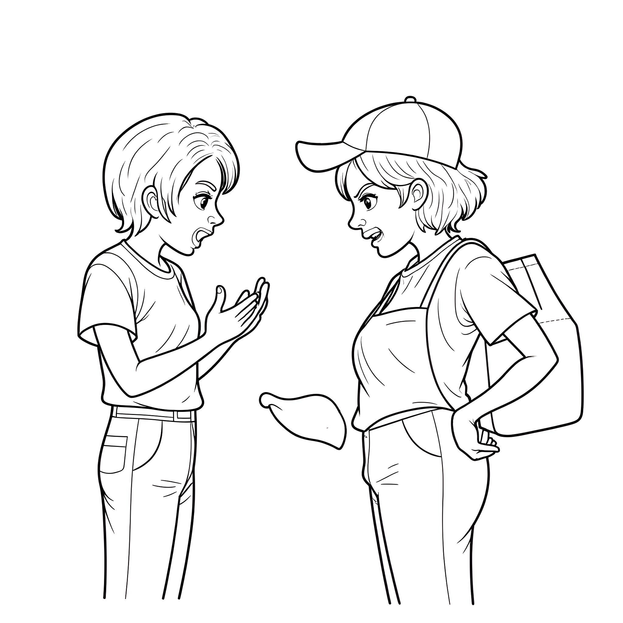 Woman Conversing Animatedly with Peer in Casual Attire Coloring Page (free black-and-white line drawing printable PDF for all, from beginners to advanced learners, including children, teens, adults, and seniors)