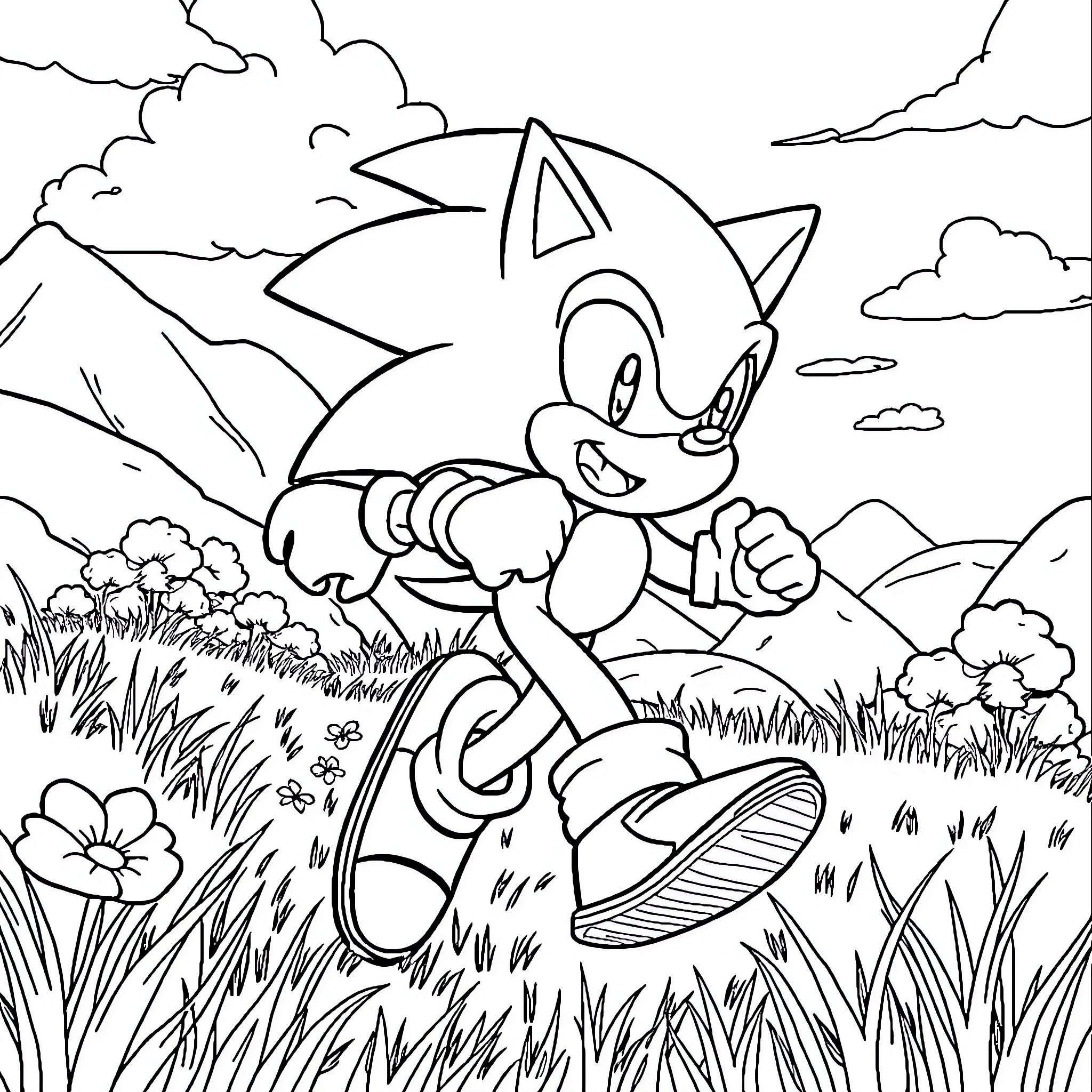 Sonic running joyfully through a scenic landscape Coloring Page (free black-and-white line drawing printable PDF for all, from beginners to advanced learners, including children, teens, adults, and seniors)