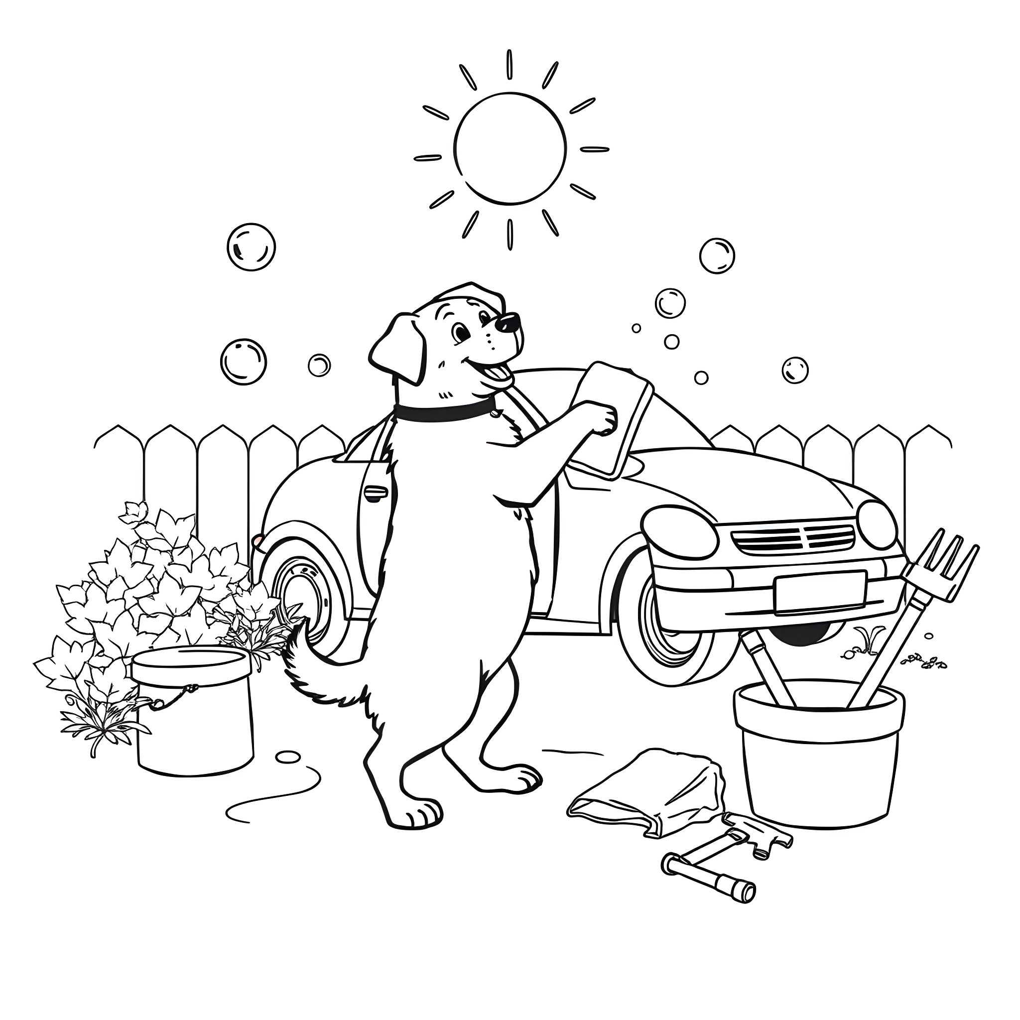 Dog playing with toys in the yard Coloring Page (free black-and-white line drawing printable PDF for all, from beginners to advanced learners, including children, teens, adults, and seniors)