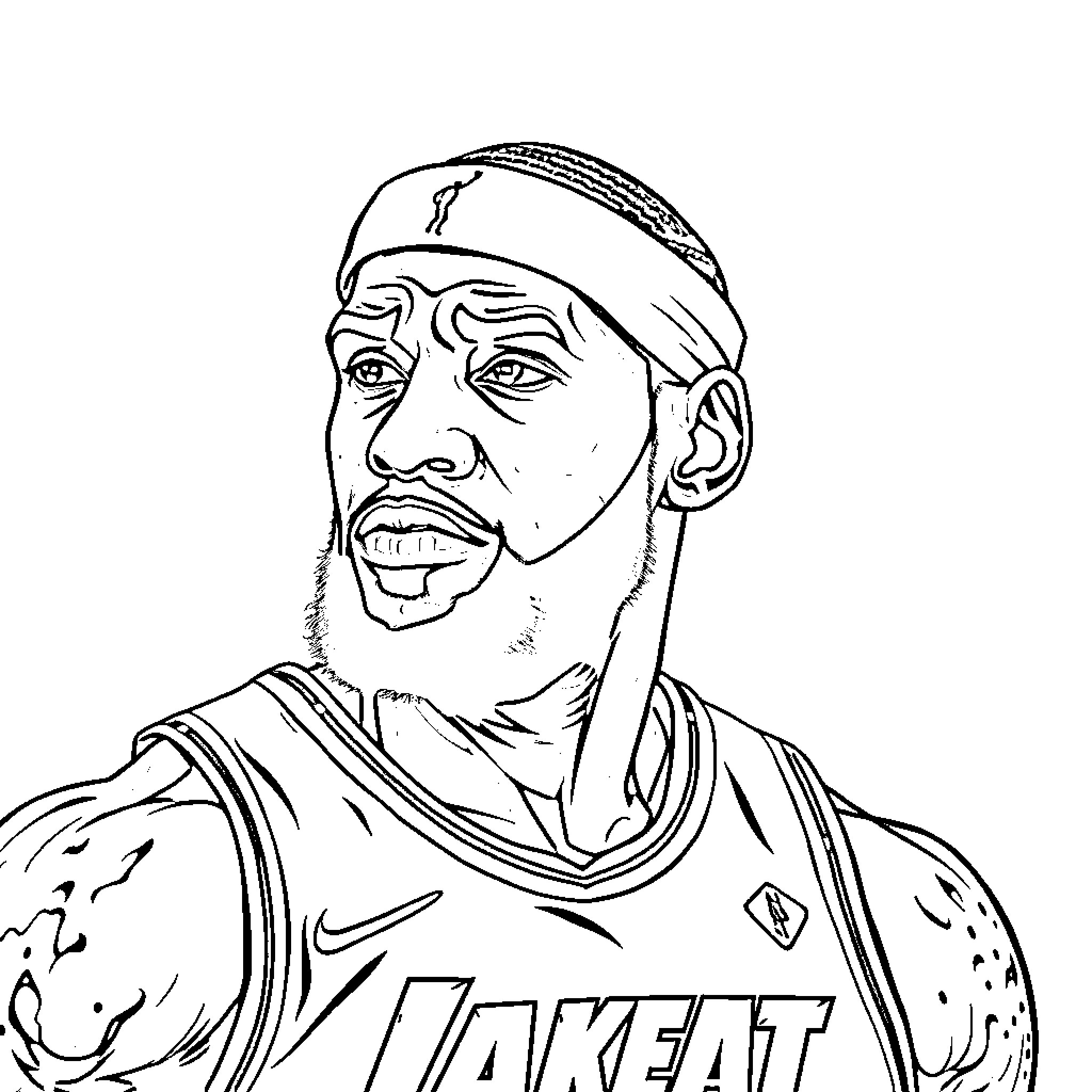 LeBron James Smiling and Celebrating Victory Coloring Page (free black-and-white line drawing printable PDF for all, from beginners to advanced learners, including children, teens, adults, and seniors)