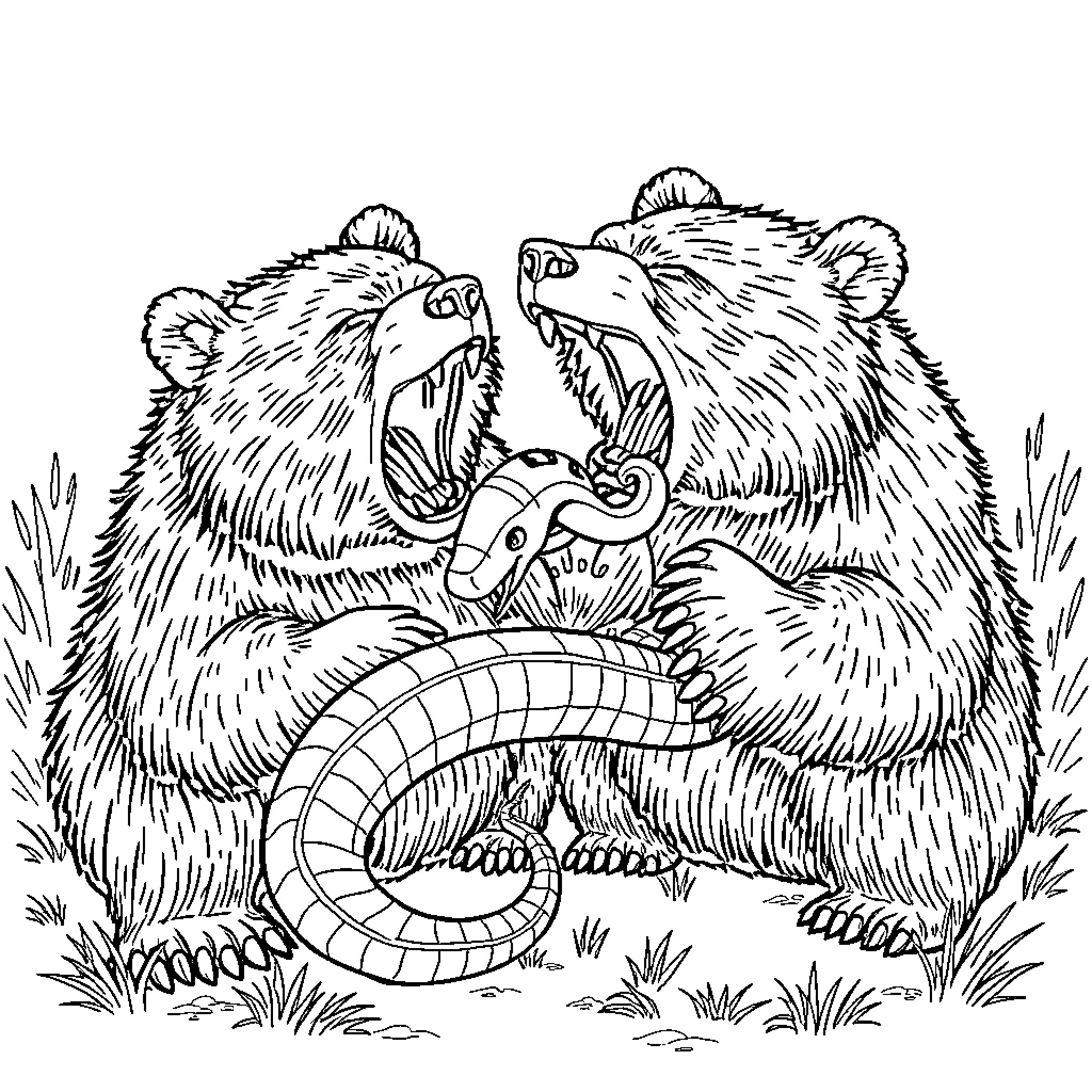 Bear siblings engaged in a fierce tussle Coloring Page (free black-and-white line drawing printable PDF for all, from beginners to advanced learners, including children, teens, adults, and seniors)