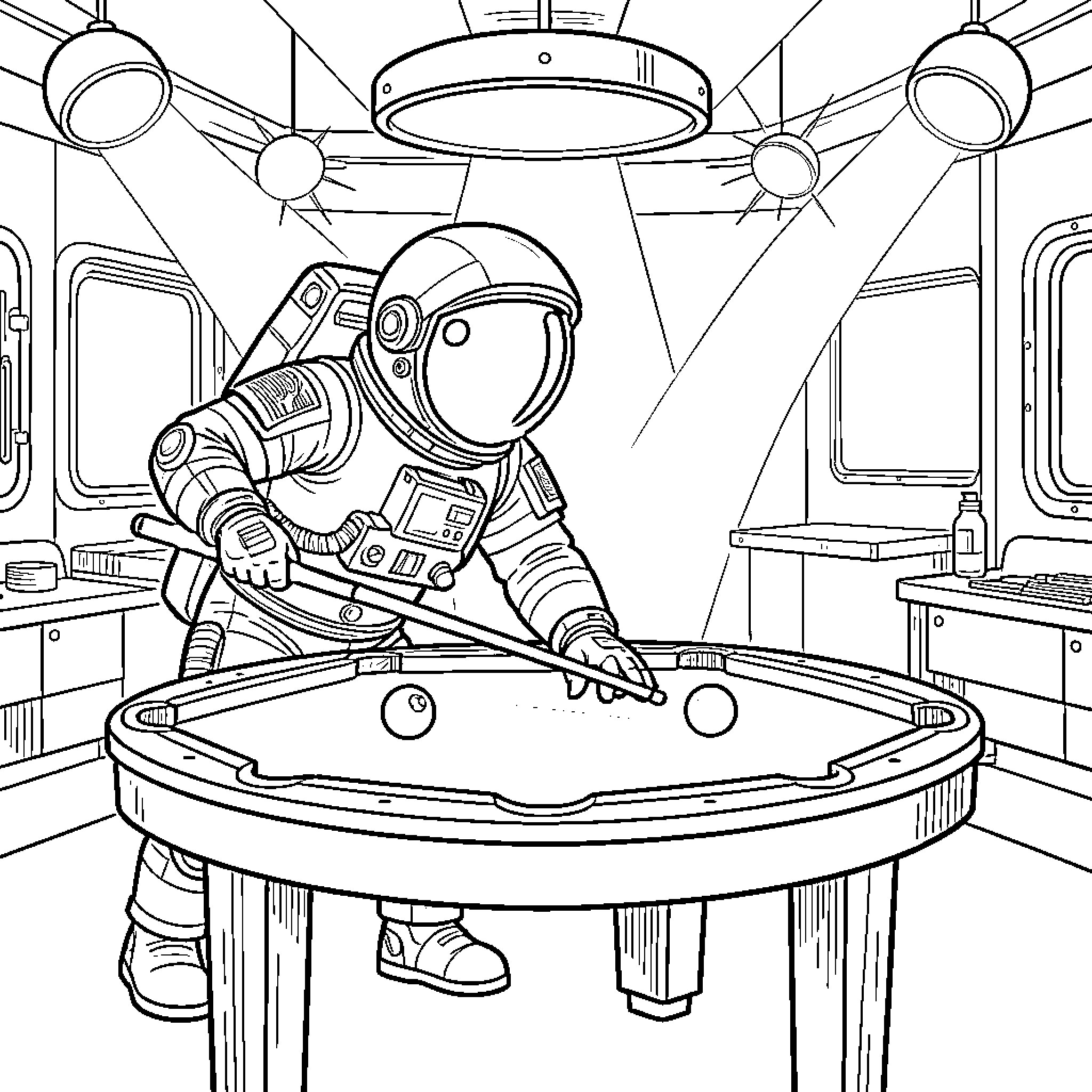 Astronaut playing pool in spaceship interior Coloring Page (free black-and-white line drawing printable PDF for all, from beginners to advanced learners, including children, teens, adults, and seniors)
