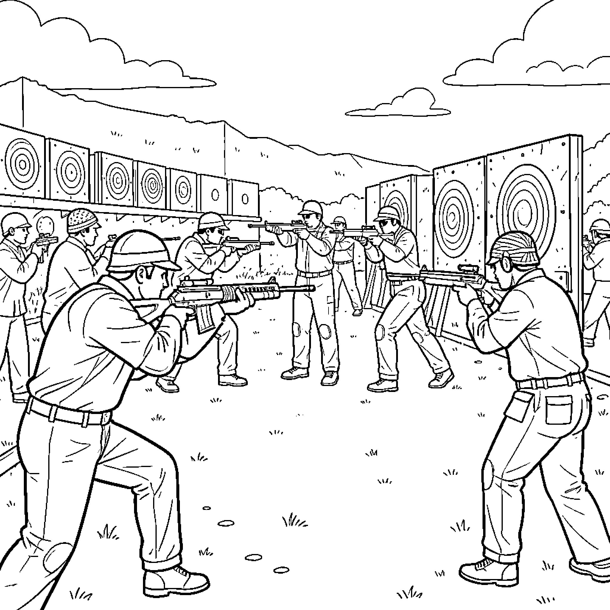 Shooting Sport participants aiming rifles at targets Coloring Page (free black-and-white line drawing printable PDF for all, from beginners to advanced learners, including children, teens, adults, and seniors)