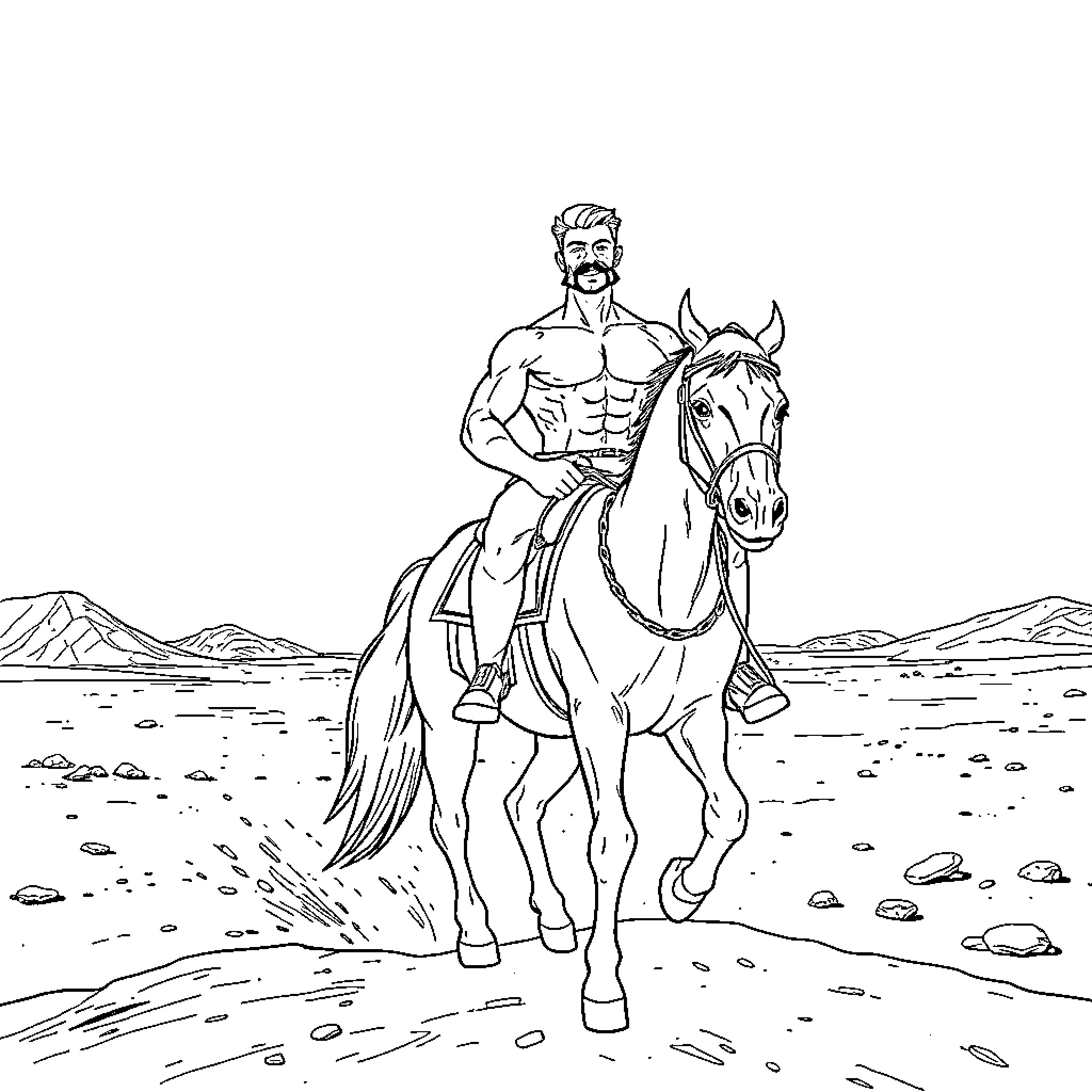 Guy on horseback riding through the desert Coloring Page (free black-and-white line drawing printable PDF for all, from beginners to advanced learners, including children, teens, adults, and seniors)