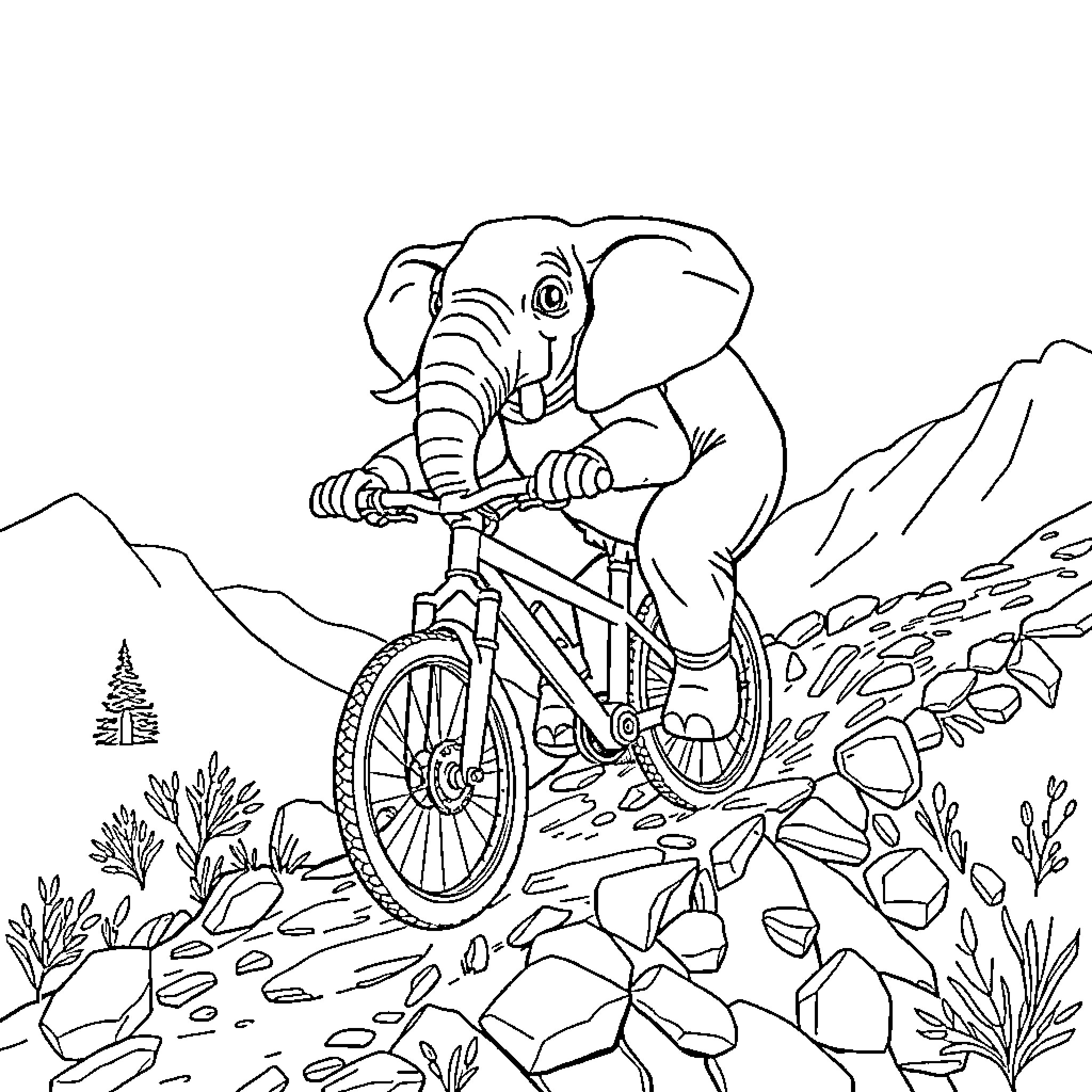 Elephant riding a bicycle through the mountains Coloring Page (free black-and-white line drawing printable PDF for all, from beginners to advanced learners, including children, teens, adults, and seniors)