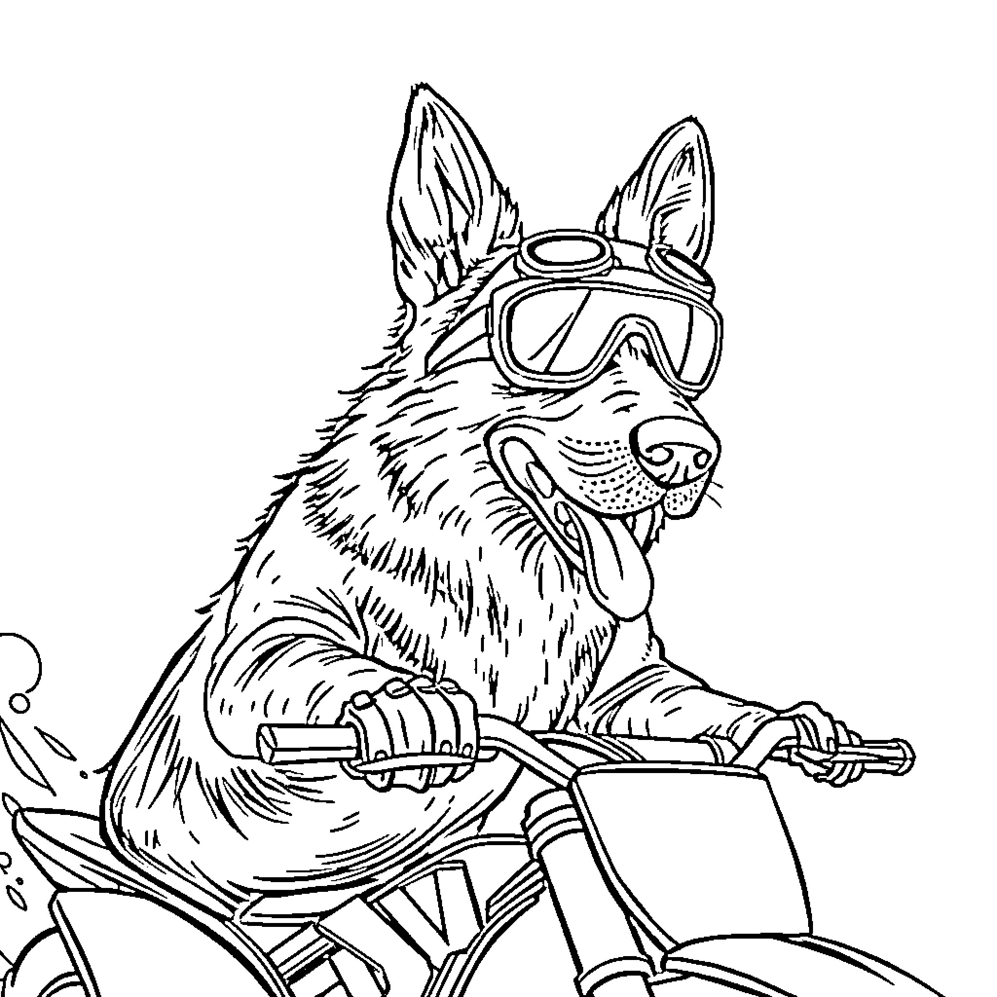German Shepherd riding bicycle with goggles Coloring Page (free black-and-white line drawing printable PDF for all, from beginners to advanced learners, including children, teens, adults, and seniors)