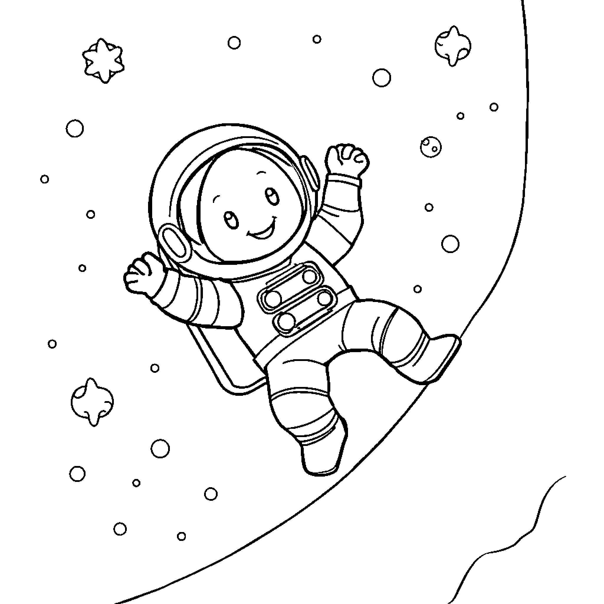 Astronaut floating happily in outer space Coloring Page (free black-and-white line drawing printable PDF for all, from beginners to advanced learners, including children, teens, adults, and seniors)