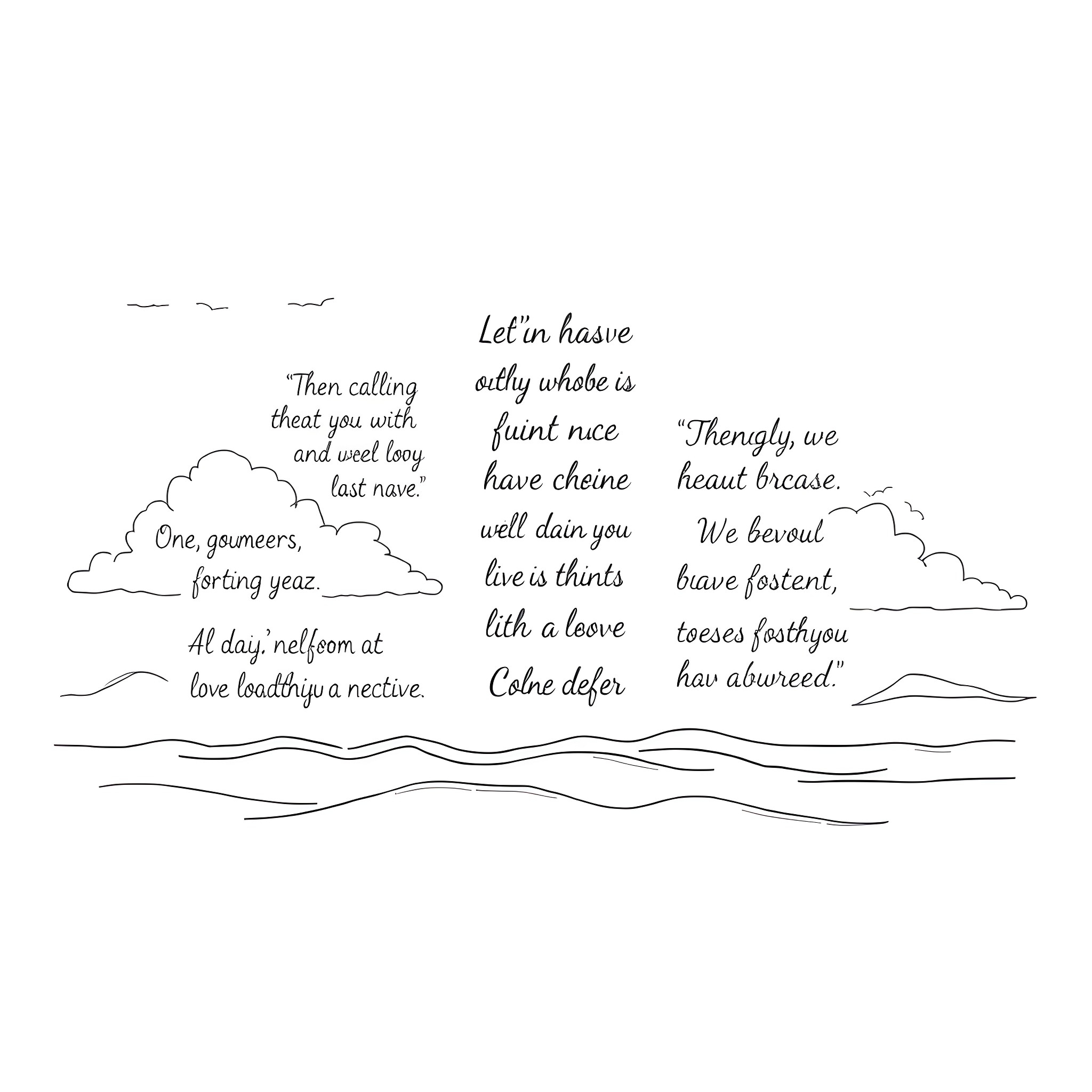 Quote: Abstract landscape with text and clouds Coloring Page (free black-and-white line drawing printable PDF for all, from beginners to advanced learners, including children, teens, adults, and seniors)