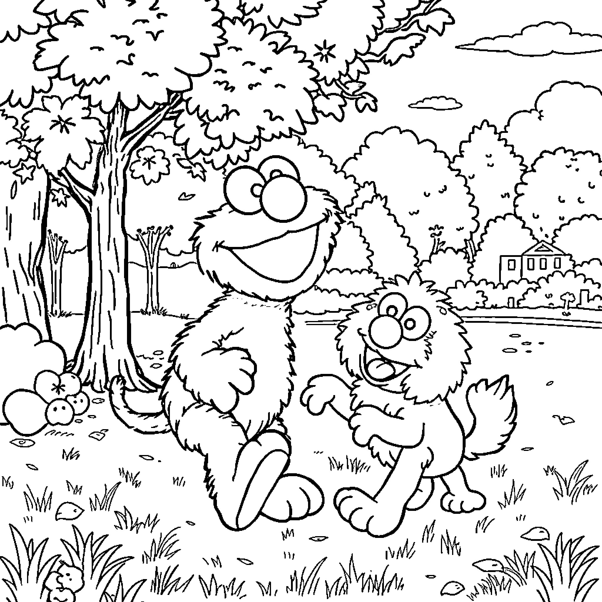 Elmo and Friends Explore the Enchanted Forest Coloring Page (free black-and-white line drawing printable PDF for all, from beginners to advanced learners, including children, teens, adults, and seniors)