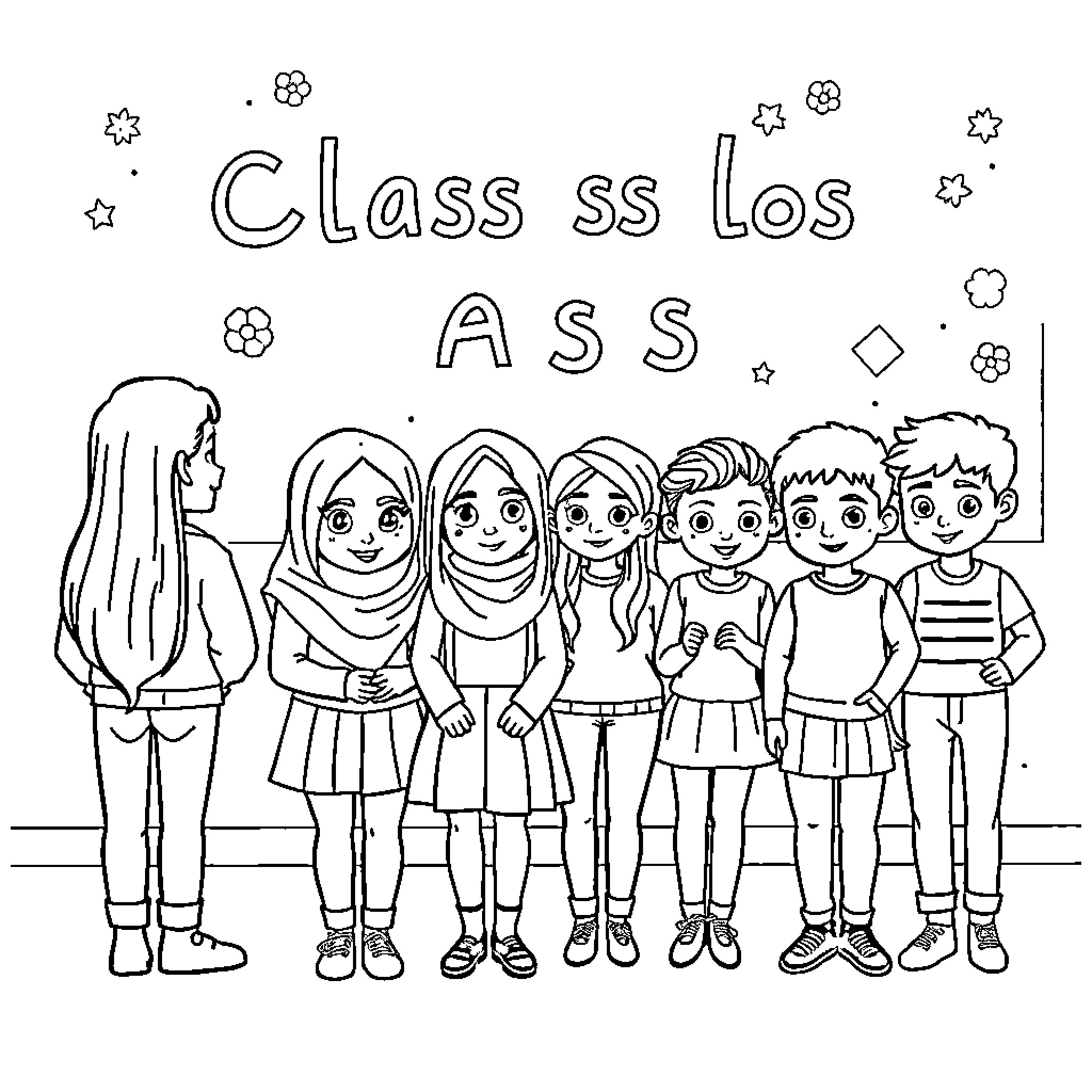 Name a group of diverse students in a classroom setting Coloring Page (free black-and-white line drawing printable PDF for all, from beginners to advanced learners, including children, teens, adults, and seniors)