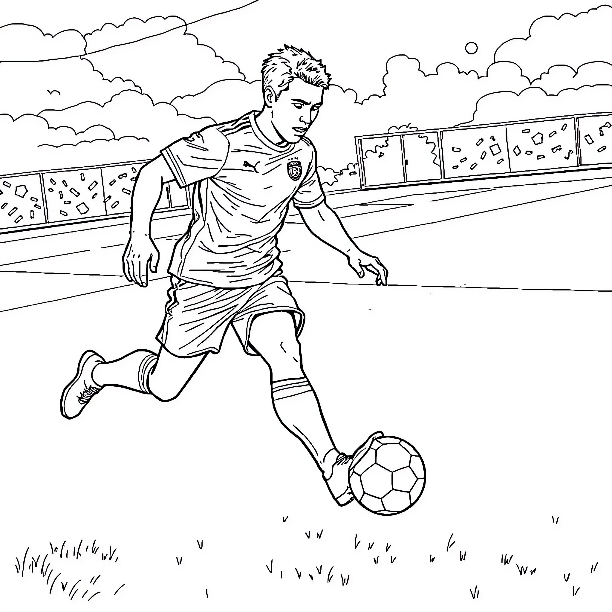 Football Player Running on the Field Coloring Page (free black-and-white line drawing printable PDF for all, from beginners to advanced learners, including children, teens, adults, and seniors)