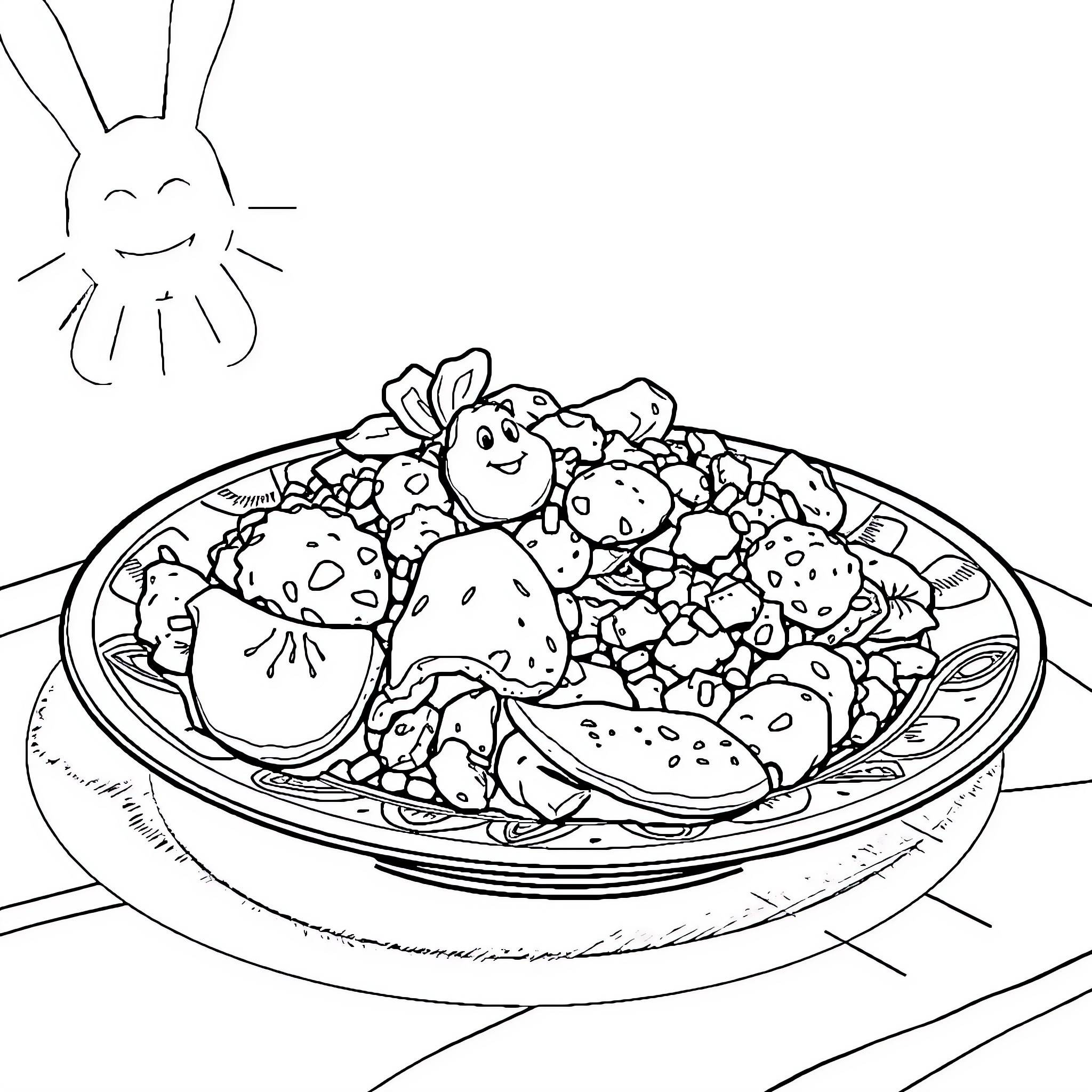 Salvadoran Food - Delightful Dish Featuring Appetizing Ingredients Coloring Page (free black-and-white line drawing printable PDF for all, from beginners to advanced learners, including children, teens, adults, and seniors)
