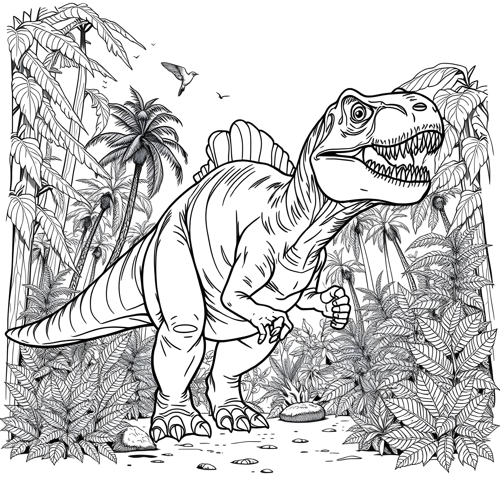 Acrocanthosaurus in Jurassic Jungle Scene Coloring Page (free black-and-white line drawing printable PDF for all, from beginners to advanced learners, including children, teens, adults, and seniors)