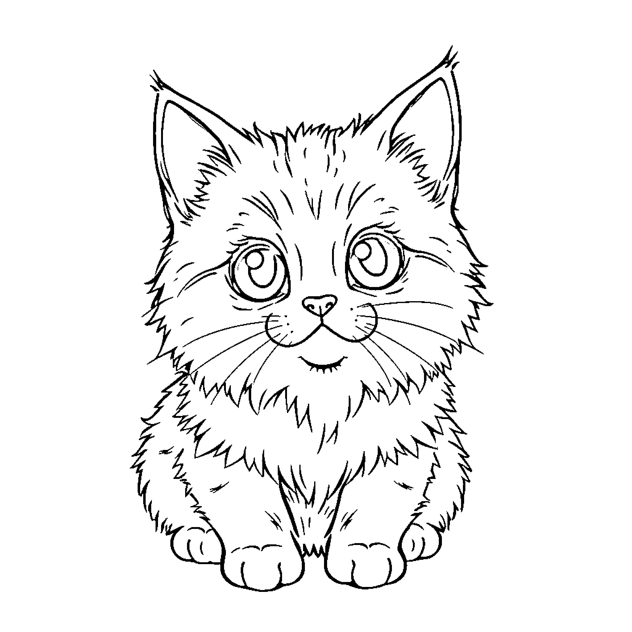 Cat with big eyes and fluffy fur Coloring Page (free black-and-white line drawing printable PDF for all, from beginners to advanced learners, including children, teens, adults, and seniors)
