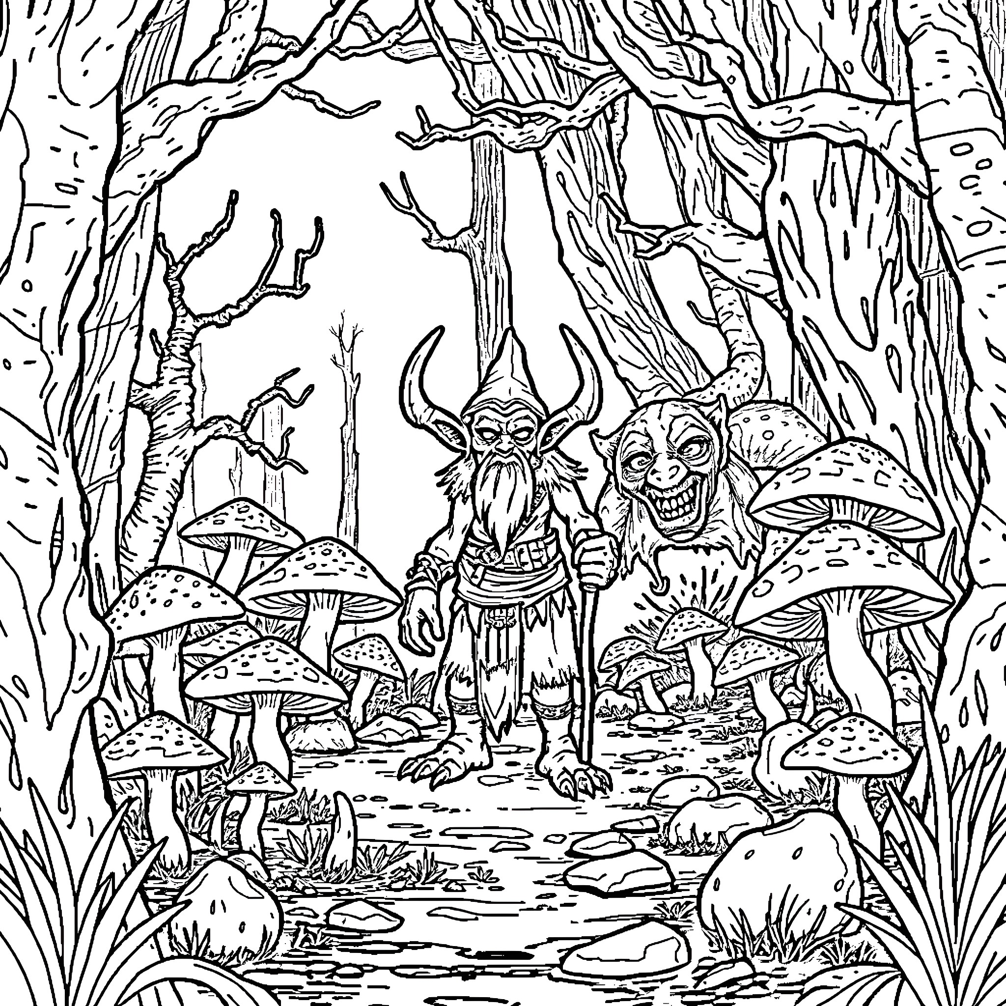 Goblin mischief in the mystical forest Coloring Page (free black-and-white line drawing printable PDF for all, from beginners to advanced learners, including children, teens, adults, and seniors)