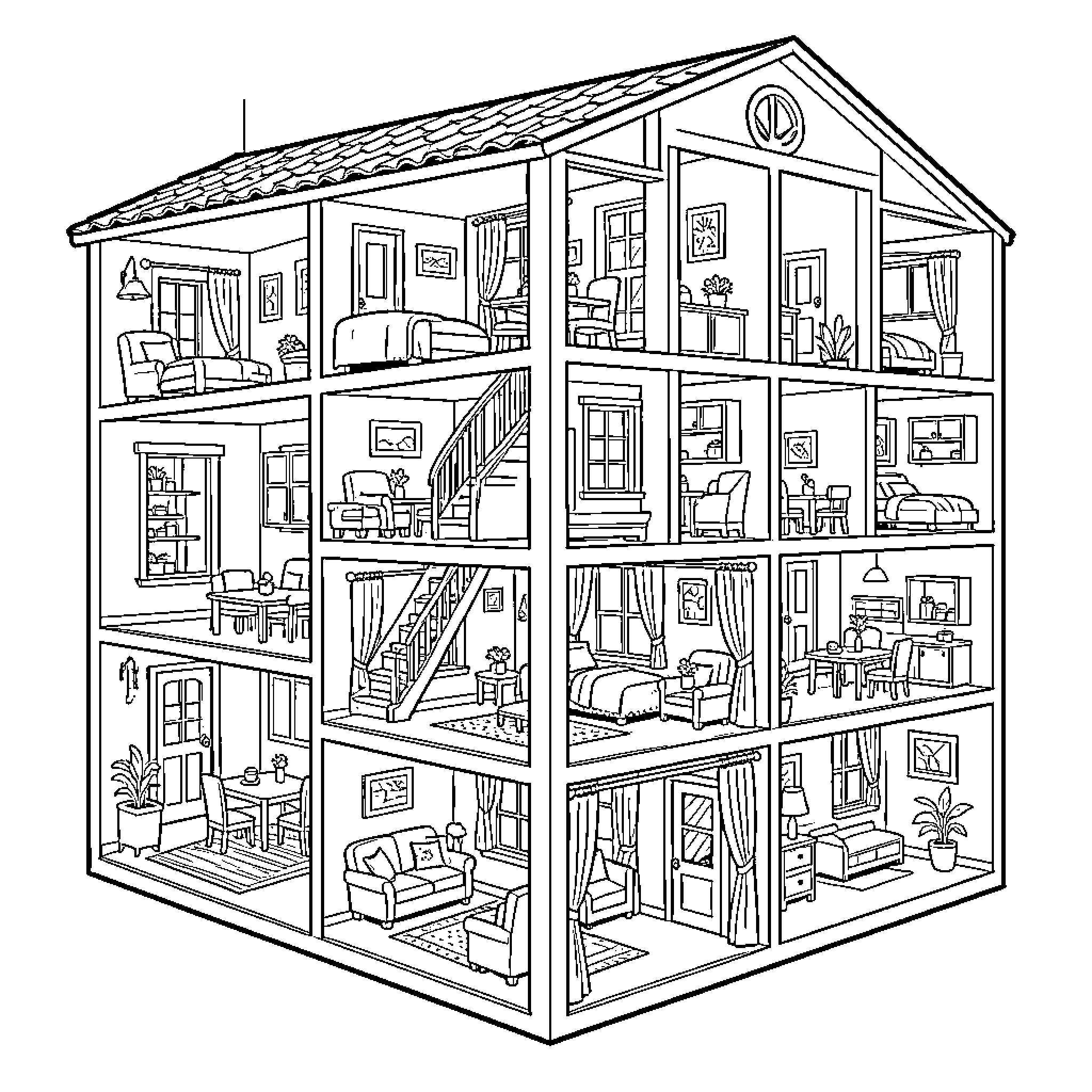 Dollhouse showcasing various cozy and furnished miniature rooms Coloring Page (free black-and-white line drawing printable PDF for all, from beginners to advanced learners, including children, teens, adults, and seniors)