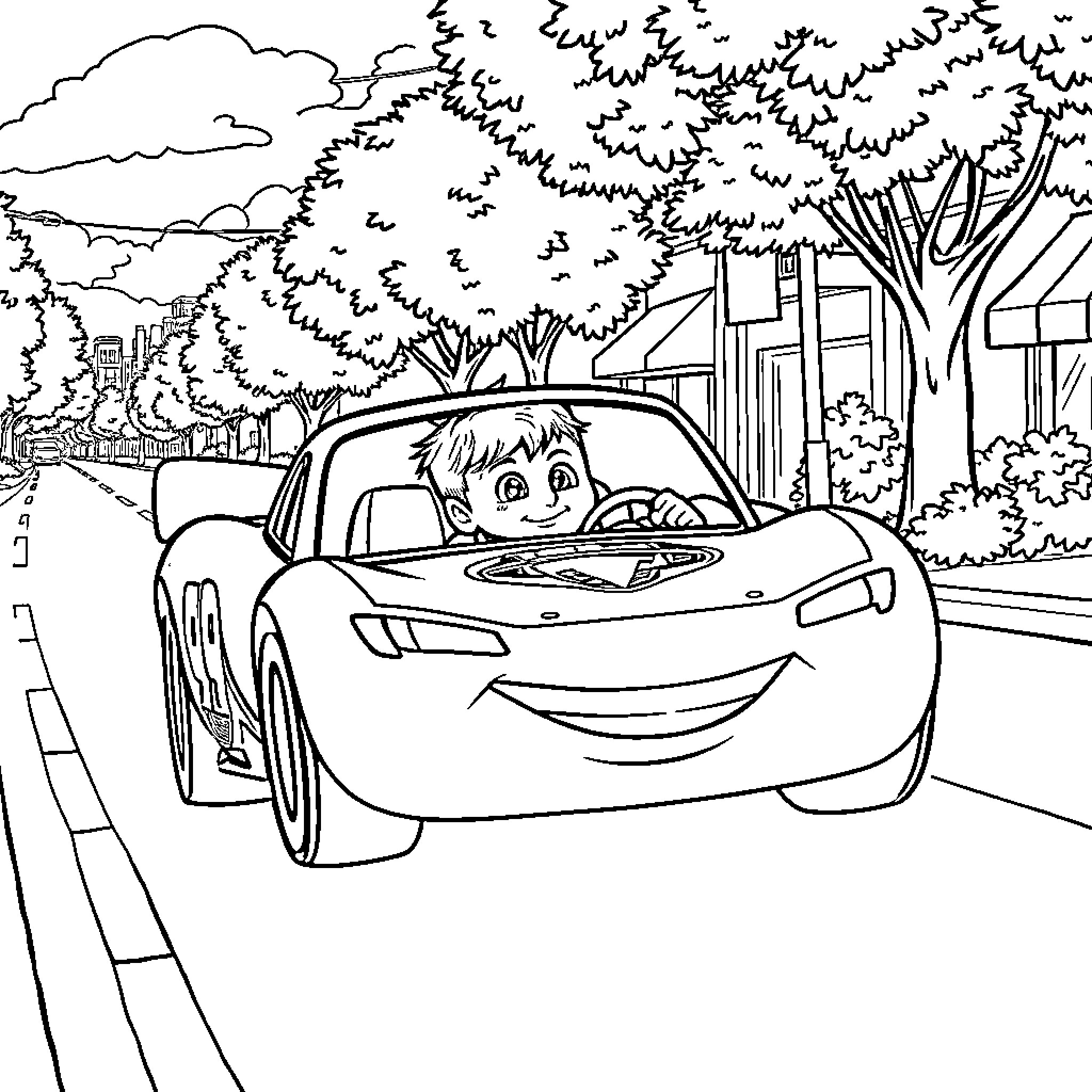 Boy driving a sporty car down the street Coloring Page (free black-and-white line drawing printable PDF for all, from beginners to advanced learners, including children, teens, adults, and seniors)