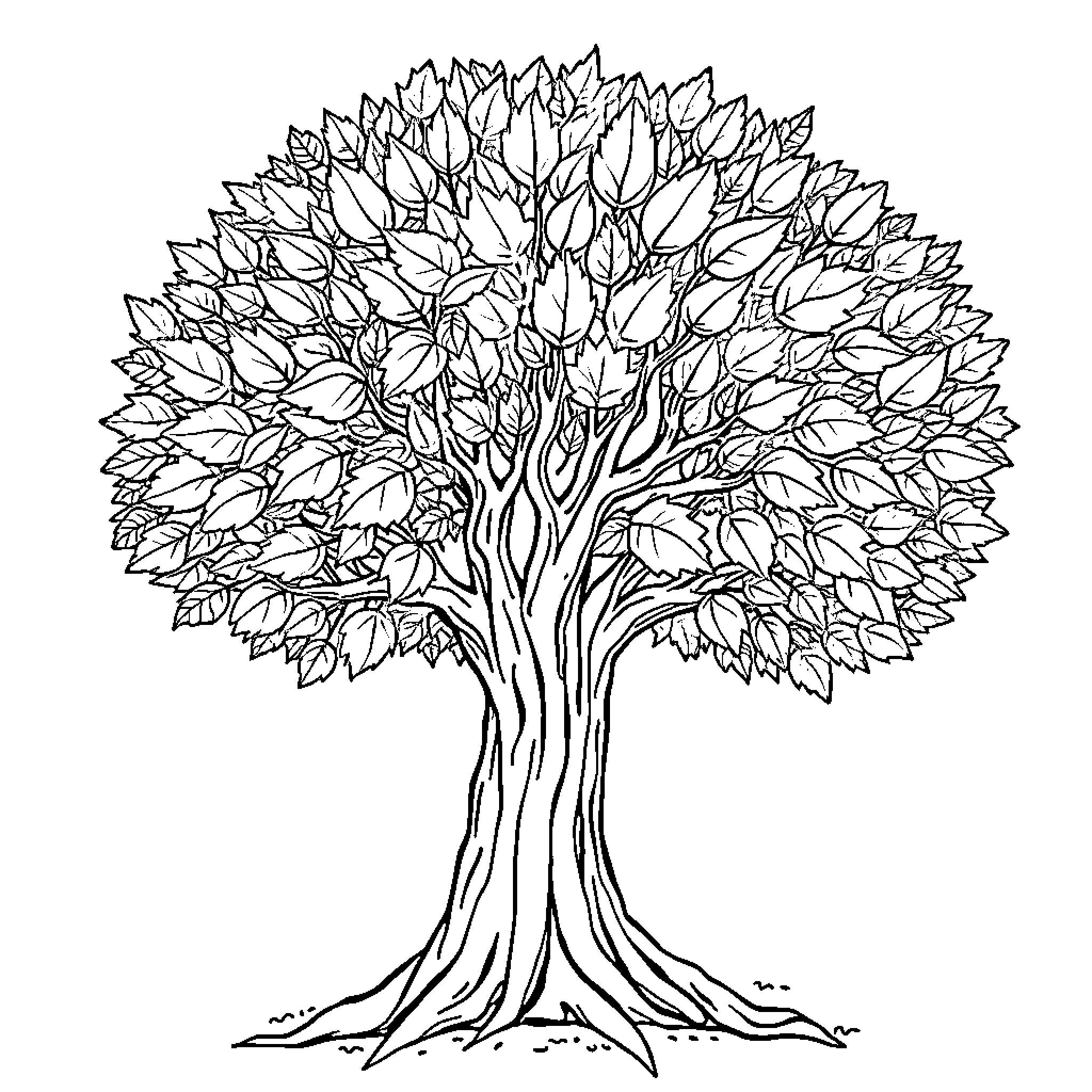 Tree with Detailed Foliage Coloring Page (free black-and-white line drawing printable PDF for all, from beginners to advanced learners, including children, teens, adults, and seniors)