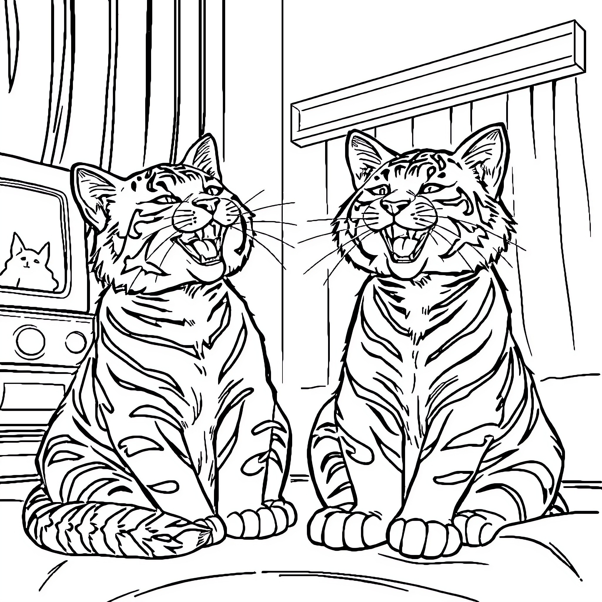 Chat with Ferocious Feline Friends Coloring Page (free black-and-white line drawing printable PDF for all, from beginners to advanced learners, including children, teens, adults, and seniors)
