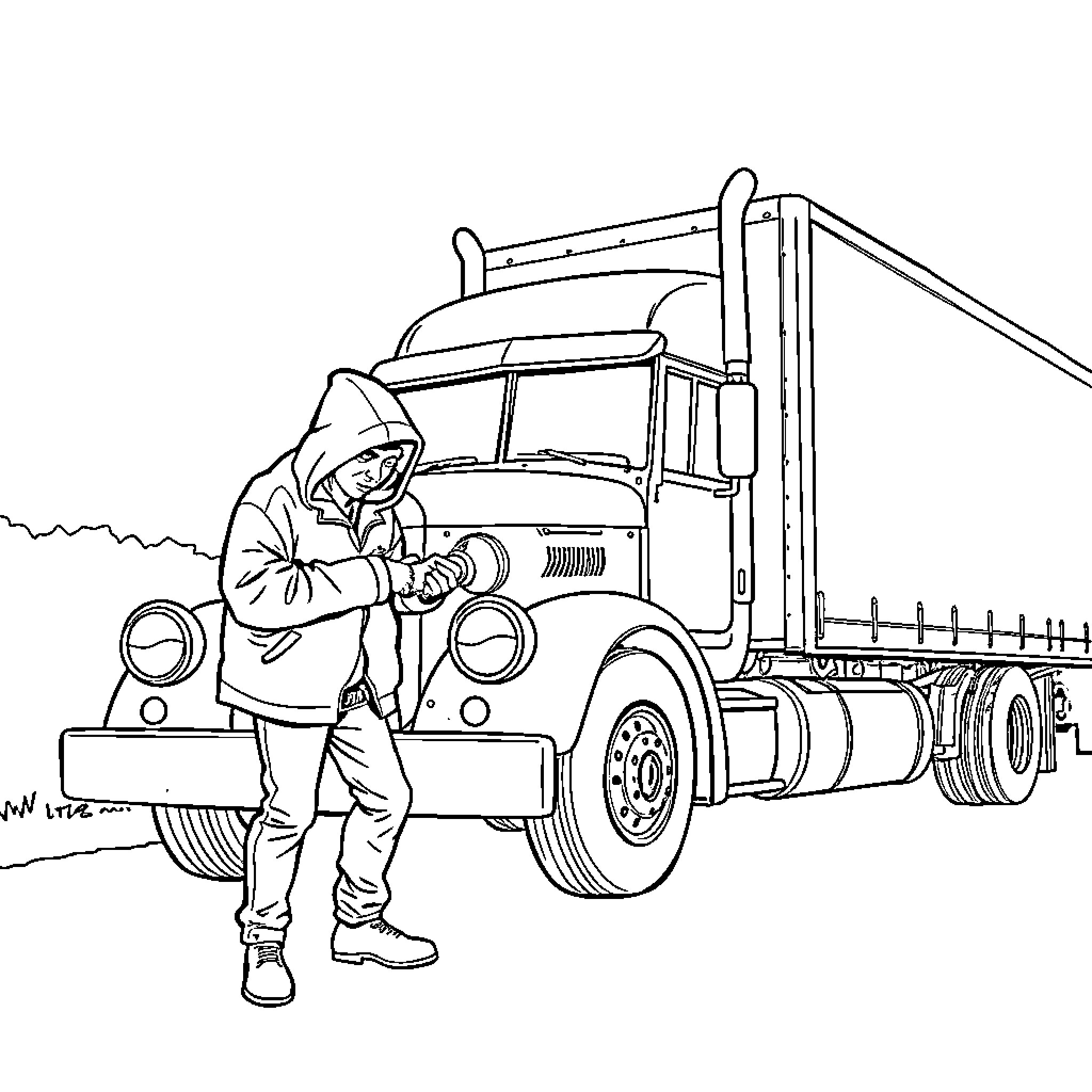 Thief examining suspicious truck in the alley Coloring Page (free black-and-white line drawing printable PDF for all, from beginners to advanced learners, including children, teens, adults, and seniors)