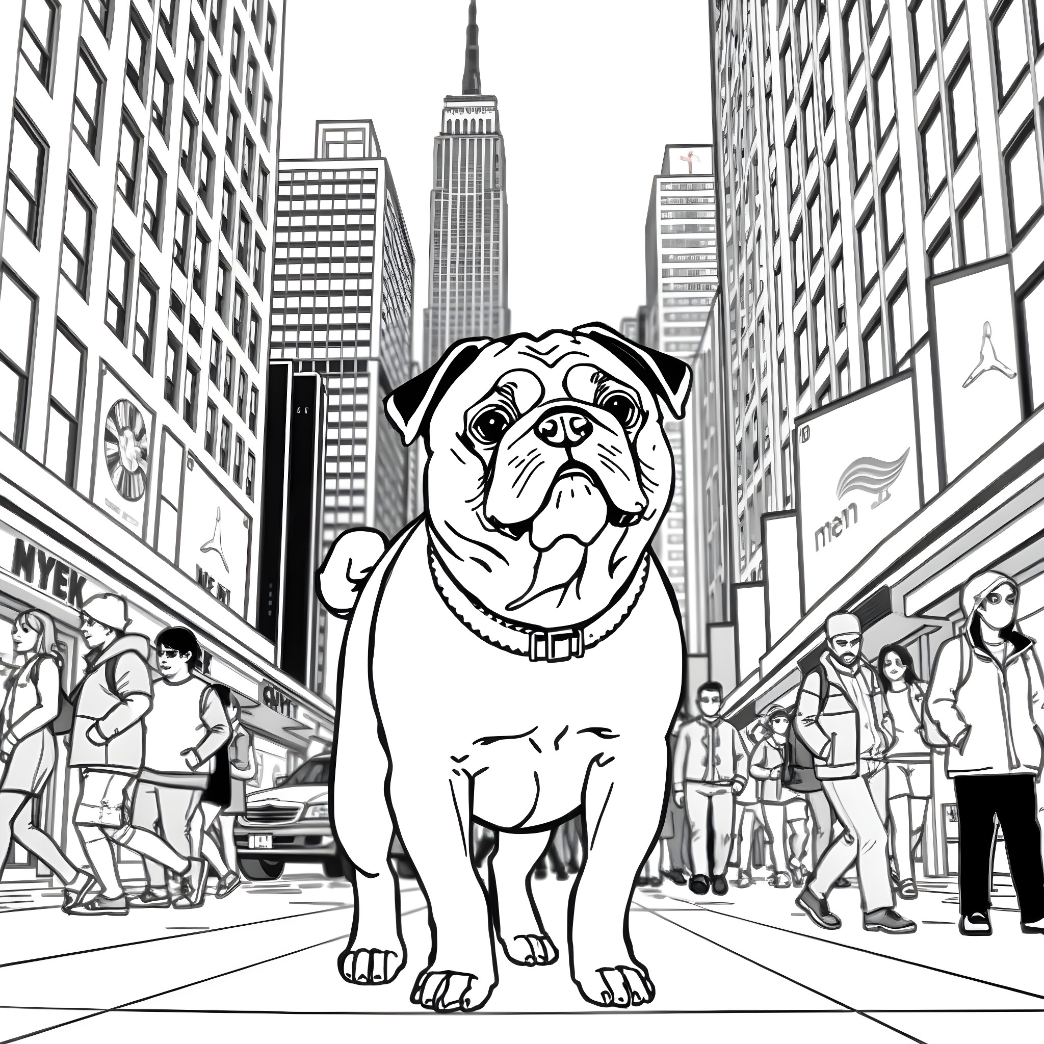 Pug exploring the bustling city streets Coloring Page (free black-and-white line drawing printable PDF for all, from beginners to advanced learners, including children, teens, adults, and seniors)