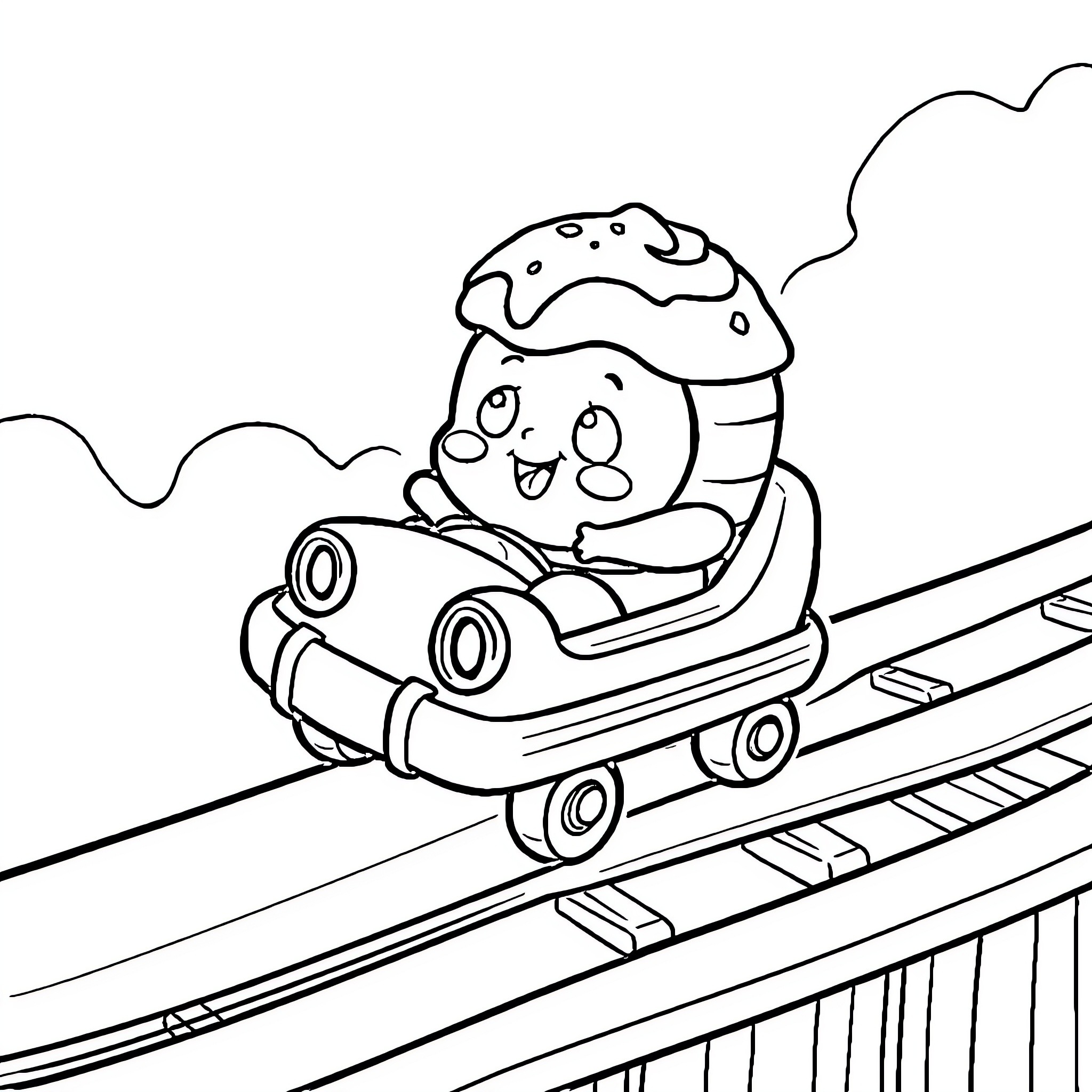Cinnamon Roll racing down a wooden track Coloring Page (free black-and-white line drawing printable PDF for all, from beginners to advanced learners, including children, teens, adults, and seniors)