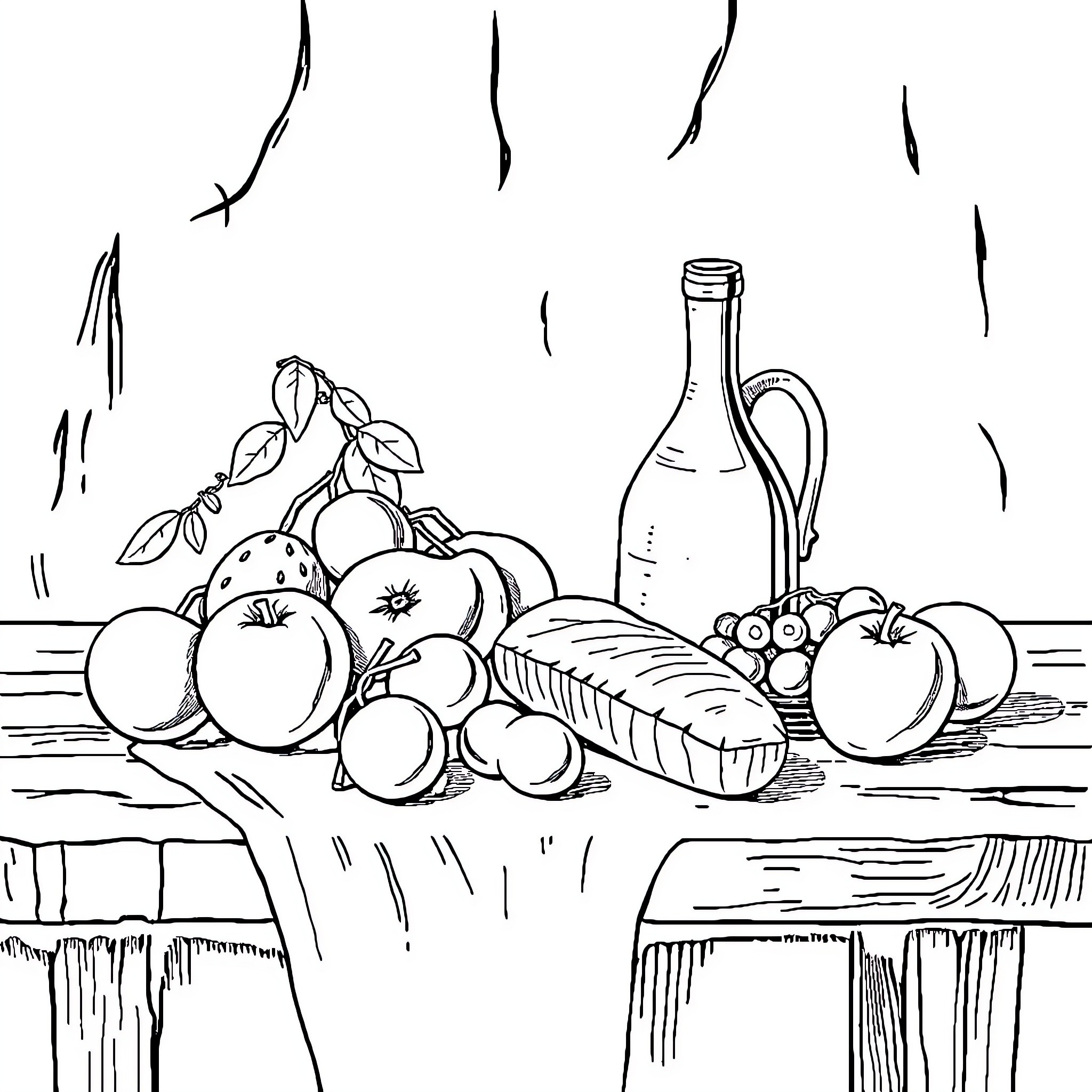 Bodegon of fresh produce and wine bottle Coloring Page (free black-and-white line drawing printable PDF for all, from beginners to advanced learners, including children, teens, adults, and seniors)