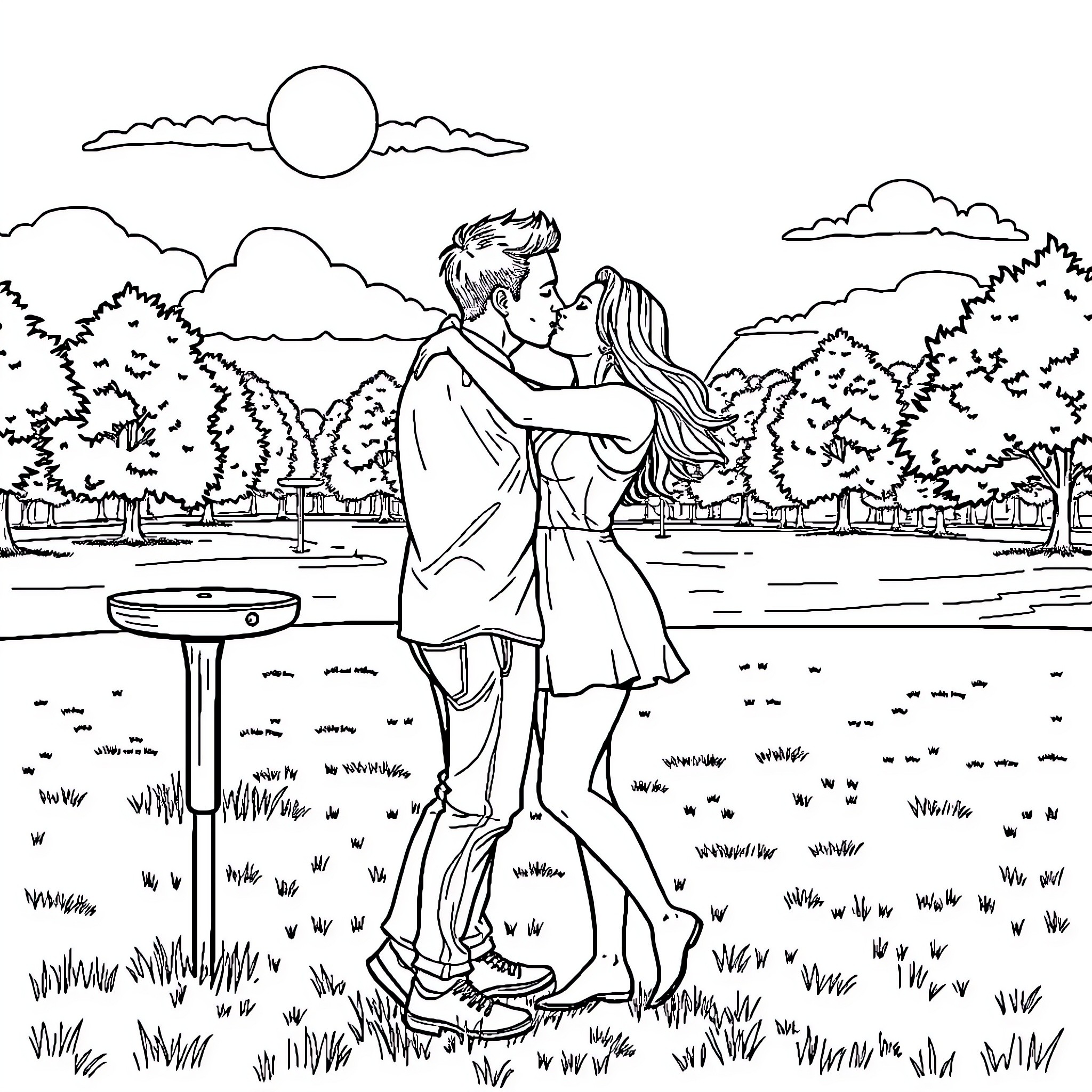 Disc Golf Couple Embracing in Picturesque Outdoor Setting Coloring Page (free black-and-white line drawing printable PDF for all, from beginners to advanced learners, including children, teens, adults, and seniors)