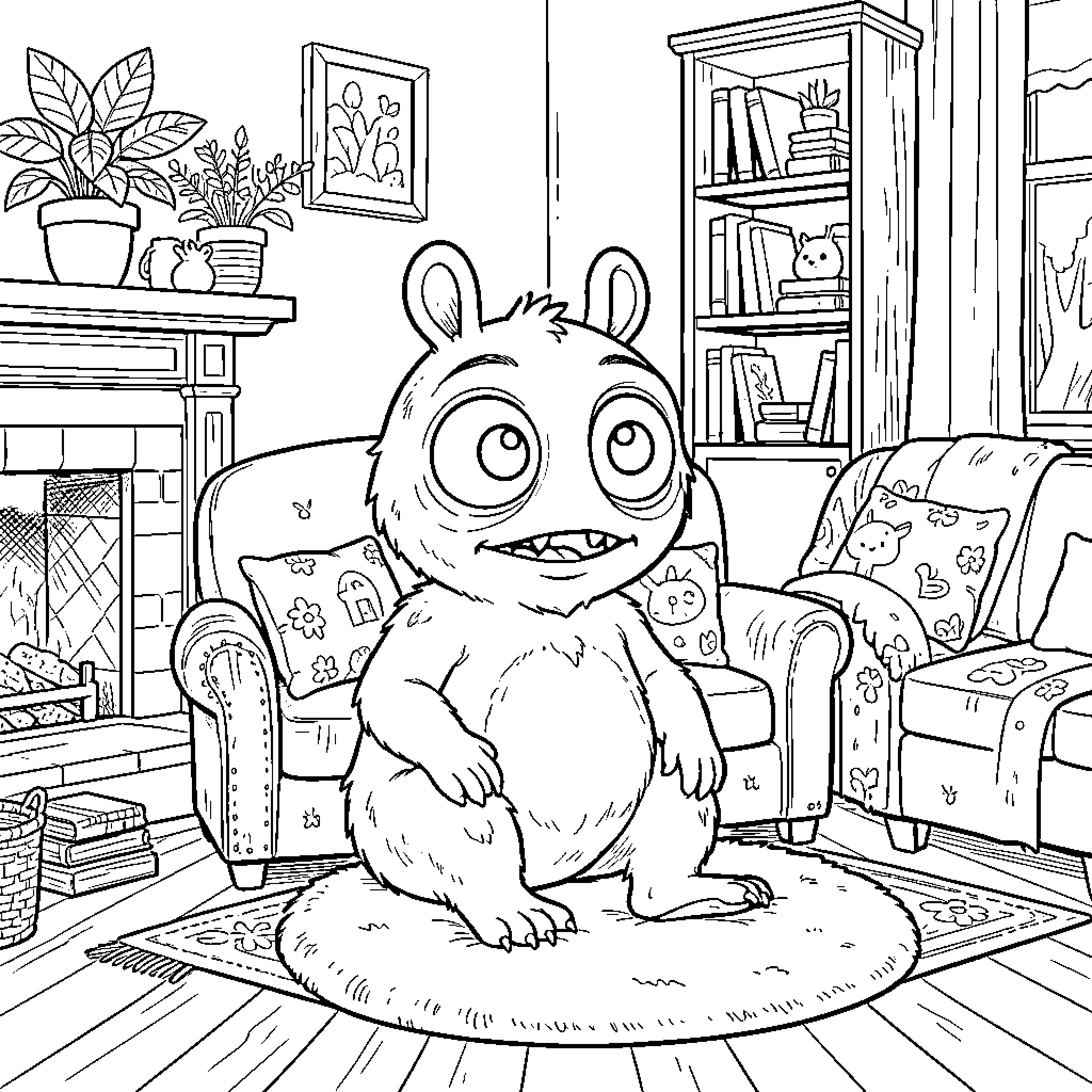 Fuggler sitting on a rug in a living room Coloring Page (free black-and-white line drawing printable PDF for all, from beginners to advanced learners, including children, teens, adults, and seniors)